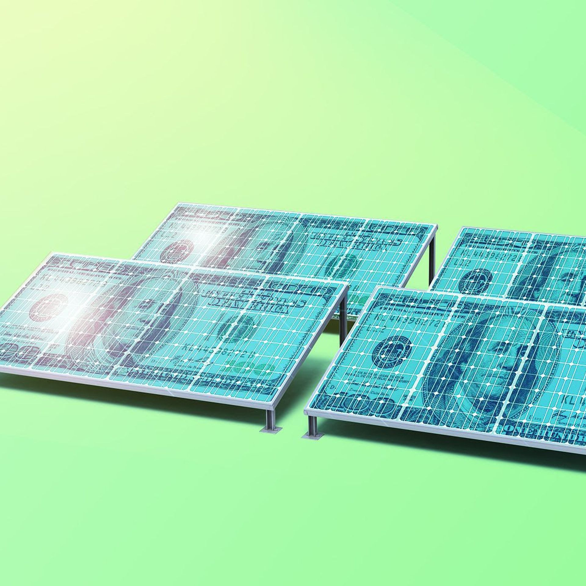 In this illustration, solar panels are designed to look like 100 dollar bills.