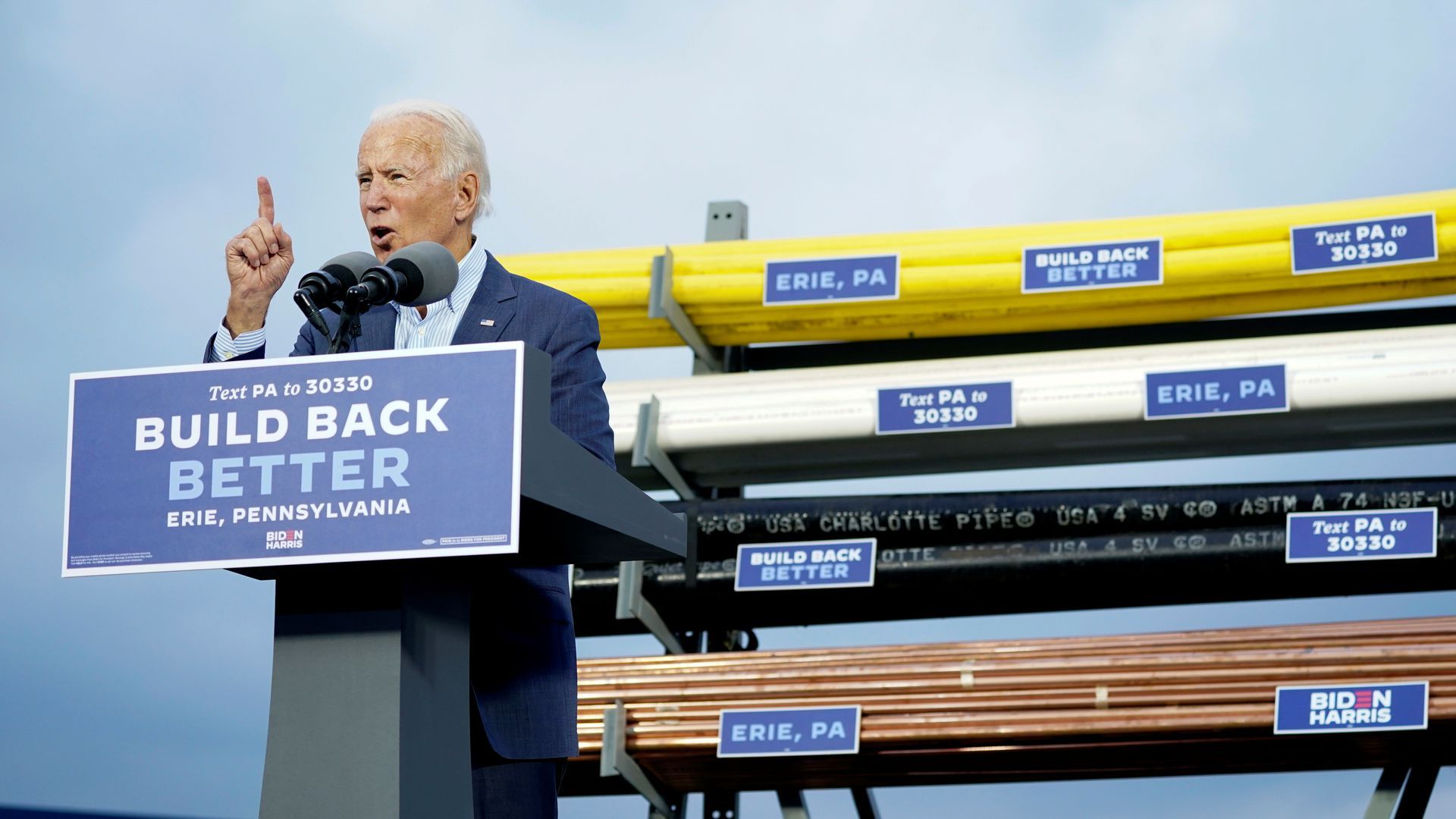 Joe Biden speaks yesterday at Plumbers Local Union 27 training center in Erie, Pa.
