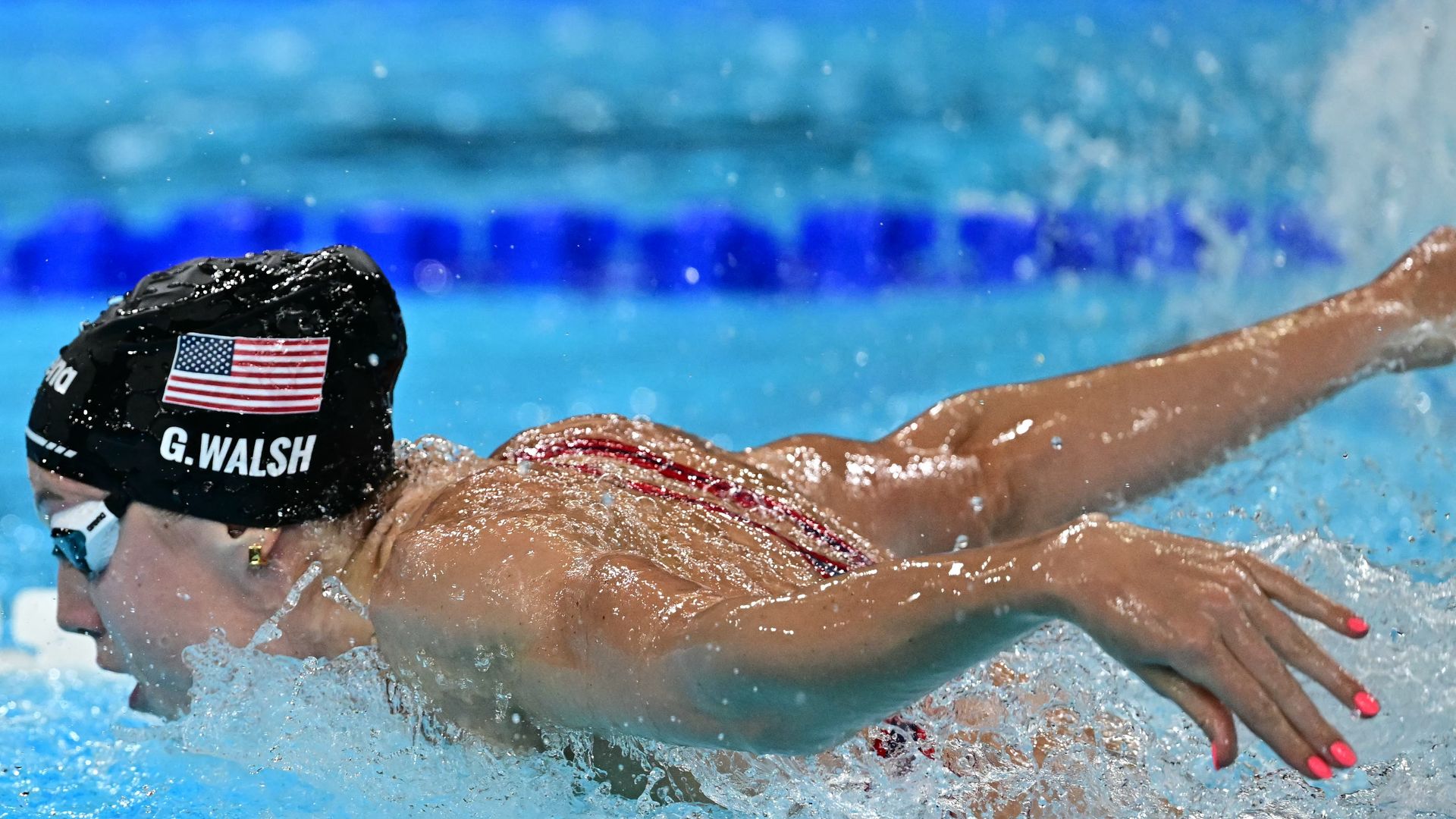 Gretchen Walsh competes in the final of the mixed 4x100m medley relay final swimming event during the Paris 2024 Olympic Games at the Paris La Defense Arena in Nanterre, west of Paris, on August 3, 2024. 
