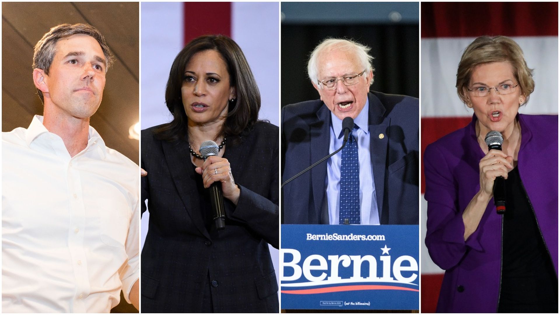 A pic stitch of Bet O'Rourke, Sen. Kamala Harris (D-Calif.), Sen. Bernie Sanders (I-Vt.) and Sen. Elizabeth Warre (D-Mass.)
