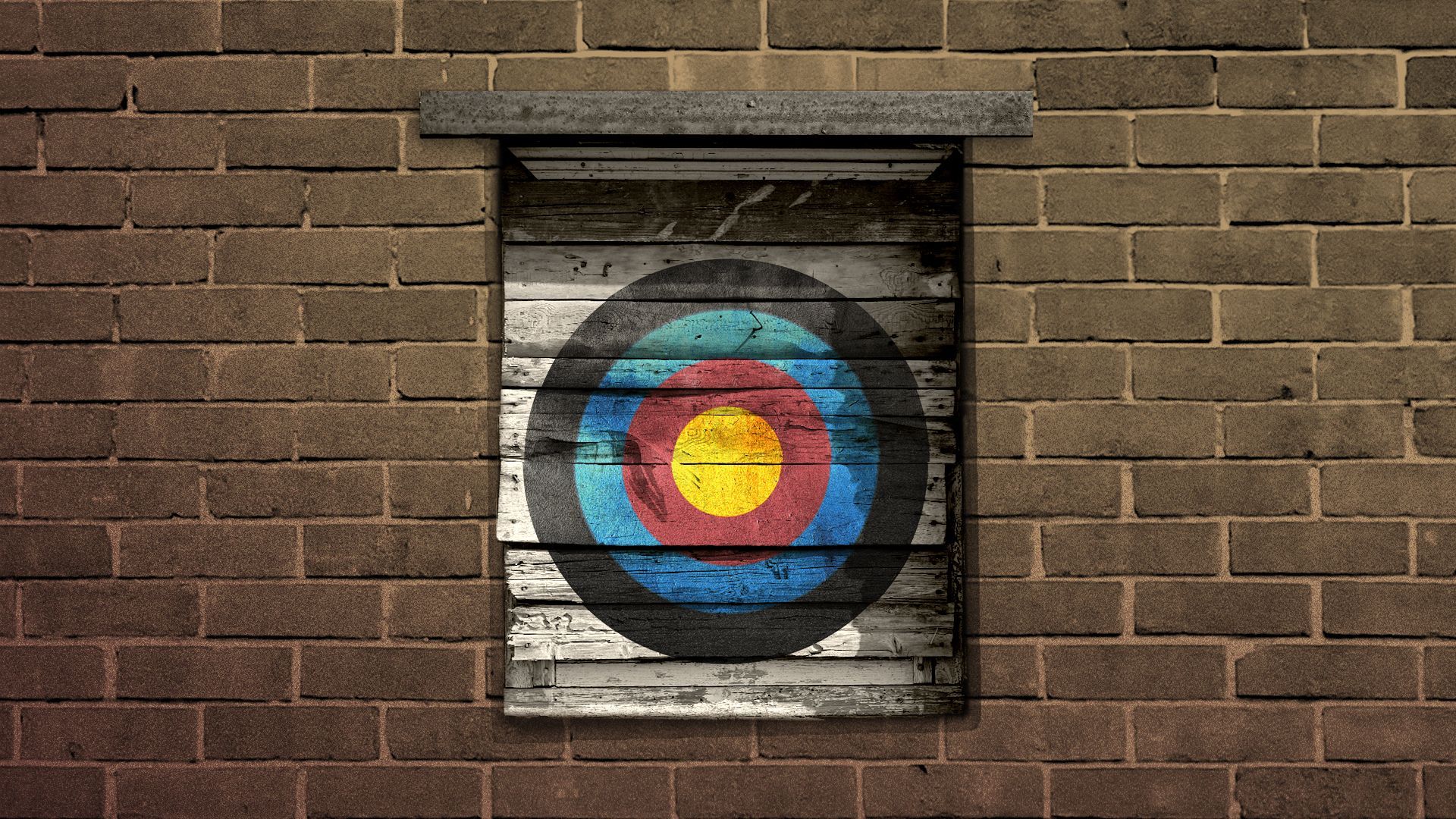 Illustration of a boarded up window with a target painted on the boards.