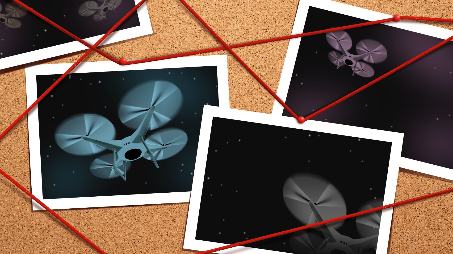 Illustration of a cork board full of photos of drones connected by red strings