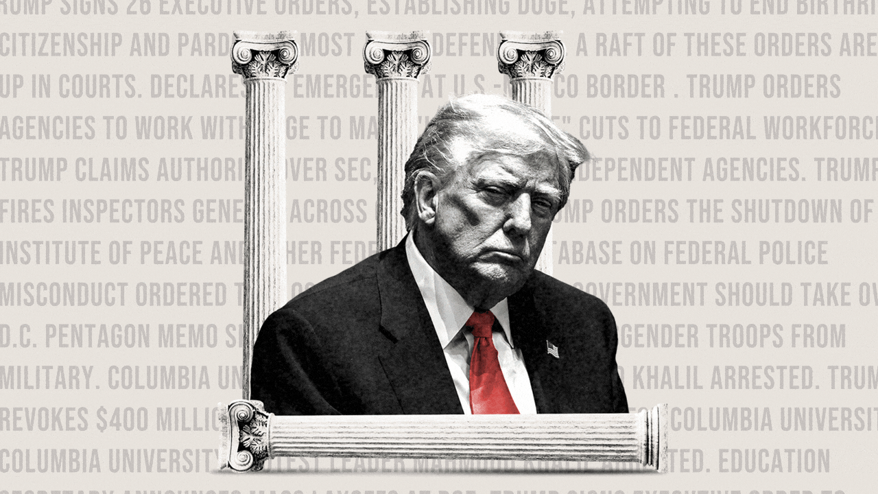 Animated illustration of Donald Trump in front of three columns and behind one that has fallen over. Behind him, as a block of text cycles through descriptions of his actions as president, some of the actions are moved to the foreground and highlighted by rectangles.
