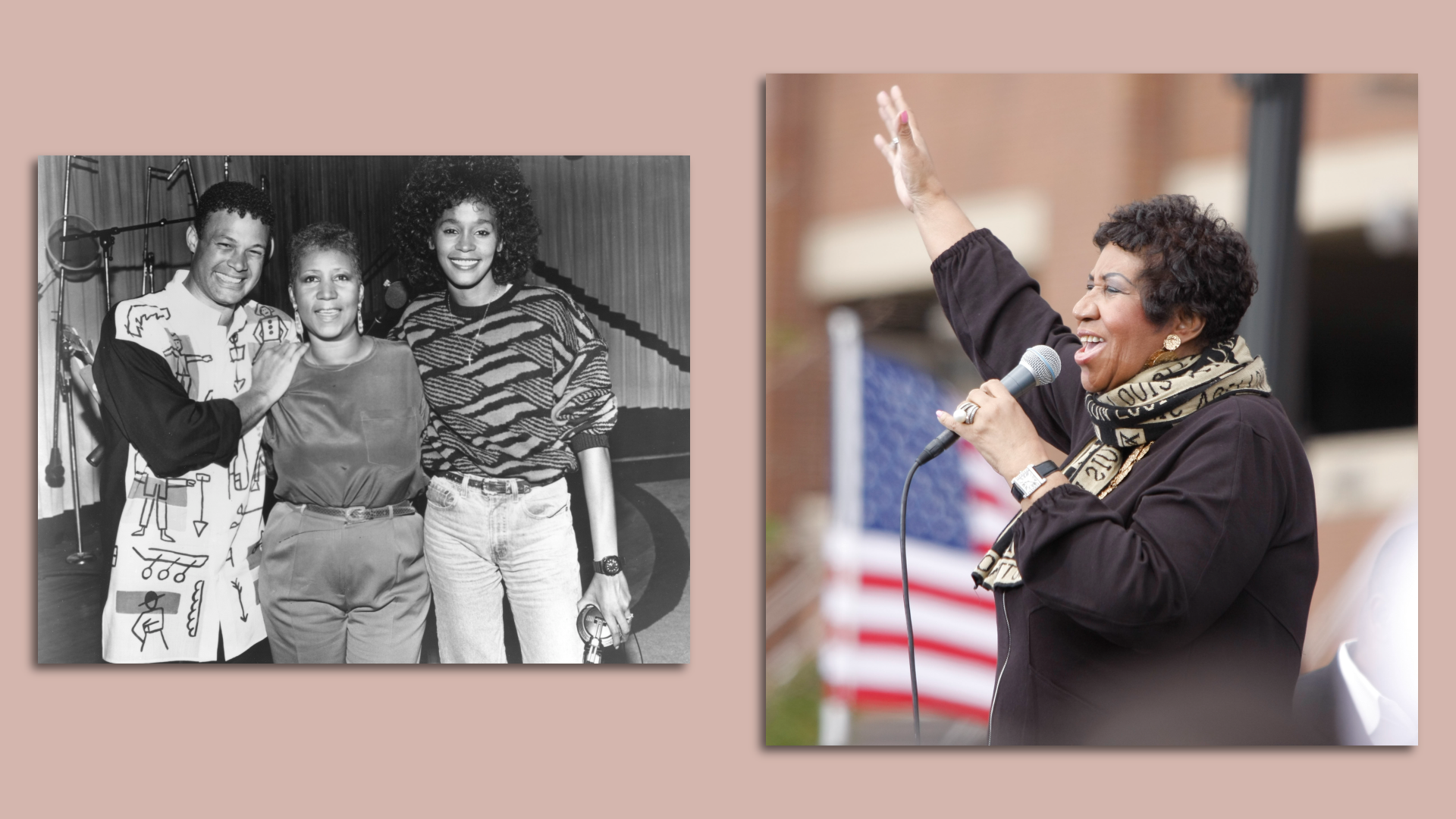 Left photo: Aretha Franklin poses for a portrait during the recording of the song "It Isn't, It Wasn't, It Ain't Gonna Be Me" in 1989 in Detroit. Right photo: Franklin performs during a 2011 Labor Day event in Detroit ahead of former President Barack Obama's Labor Day address.