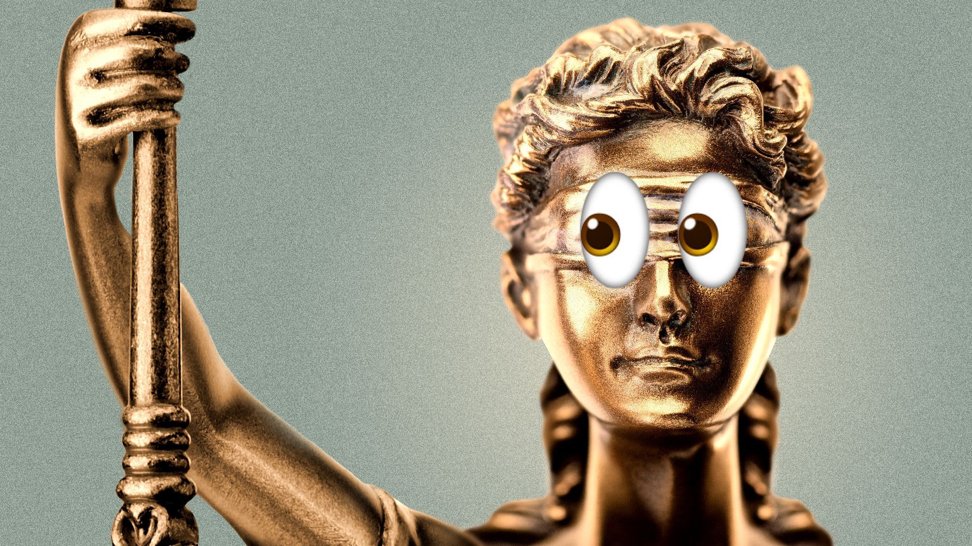 illustration of a lady justice statue with eye emojis superimposed over her blindfold