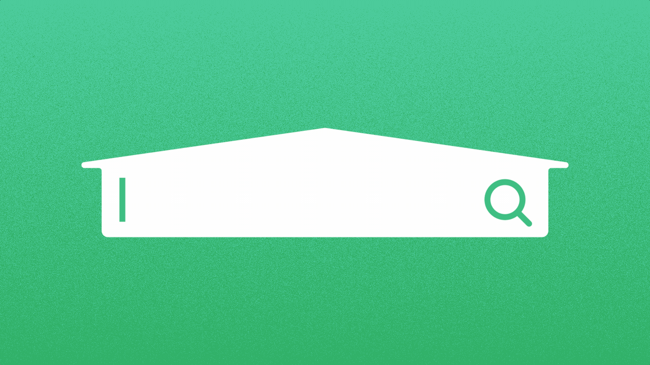 Animated illustration of a search bar shaped like a house, with the words STAINLESS STEEL, PATIO, GARAGE, WASHER/DRYER and YARD typing into it.