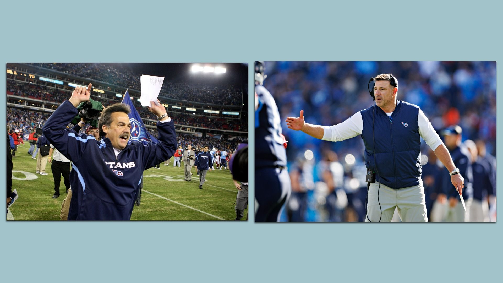 Former Titans coaches Jeff Fisher (left) and Mike Vrabel.
