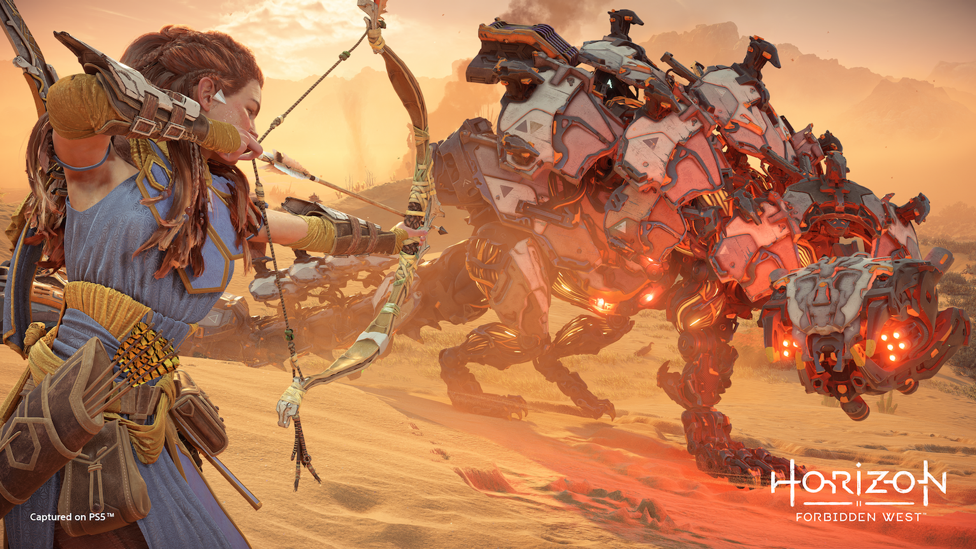 Video game screenshot of a woman with a bow and arrow aiming at a mechanized four-legged beast