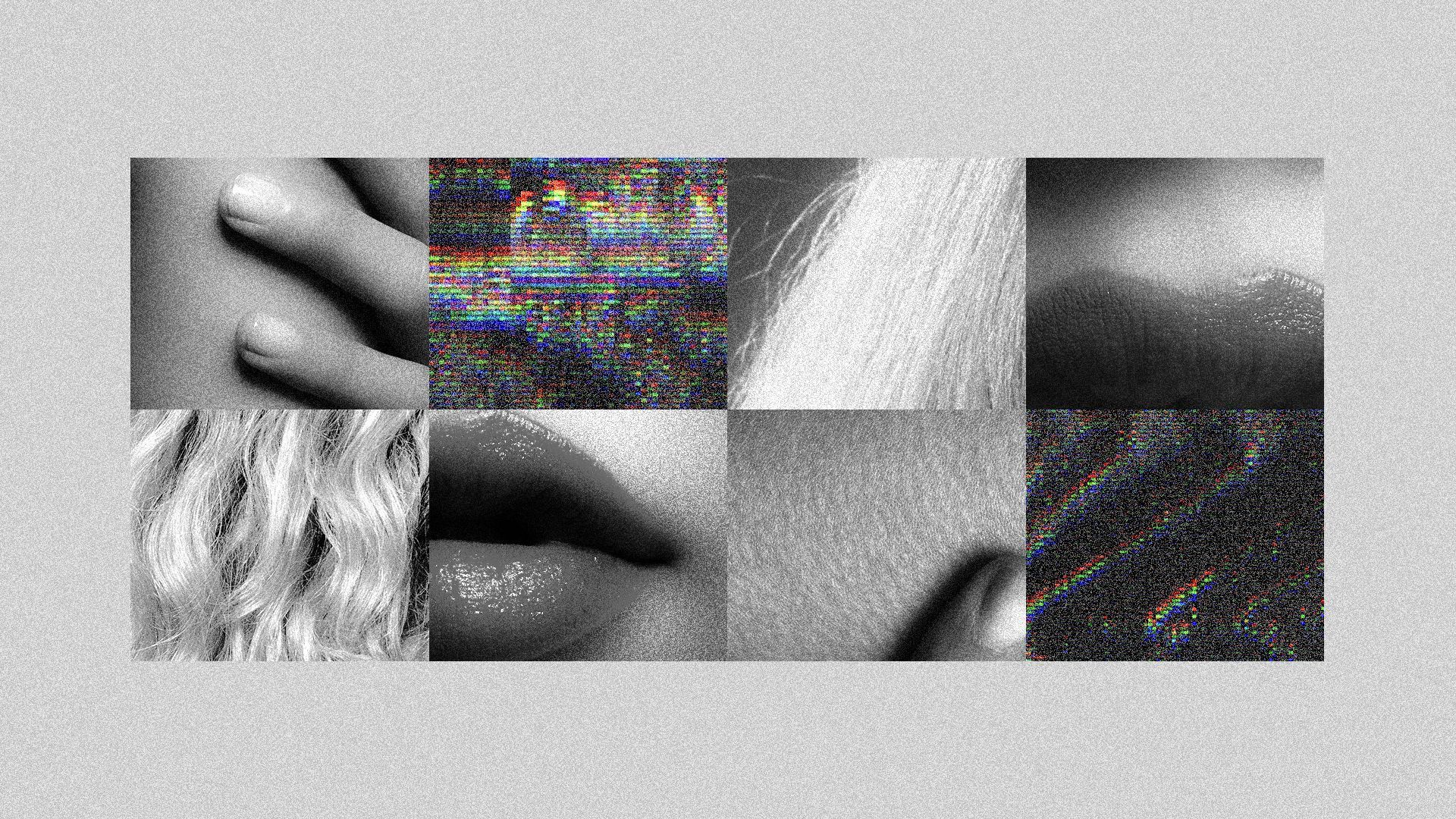 Photo collage of images of closely cropped skin, lips hair and digital static.