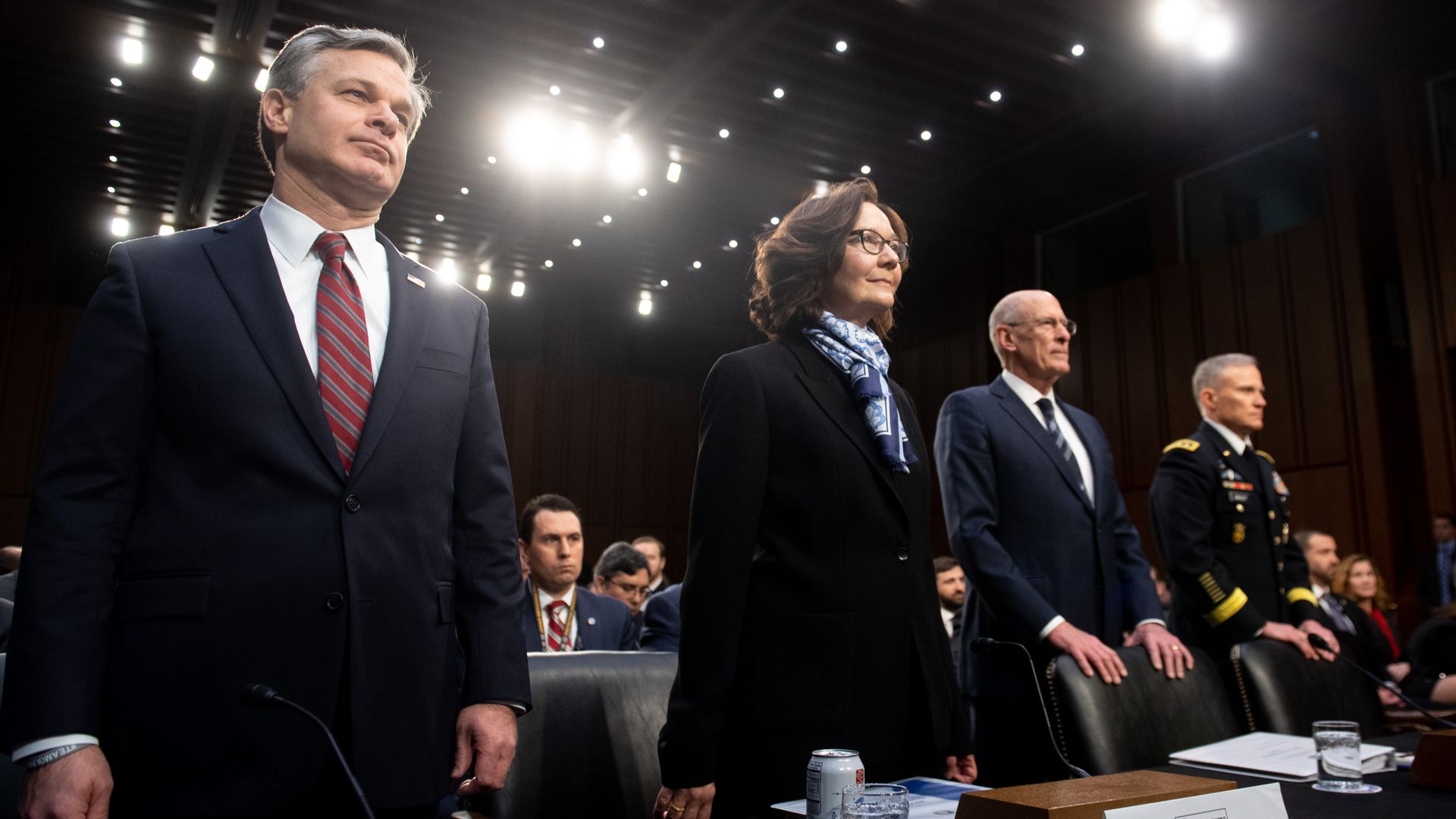 Intelligence chiefs stand at hearing. 
