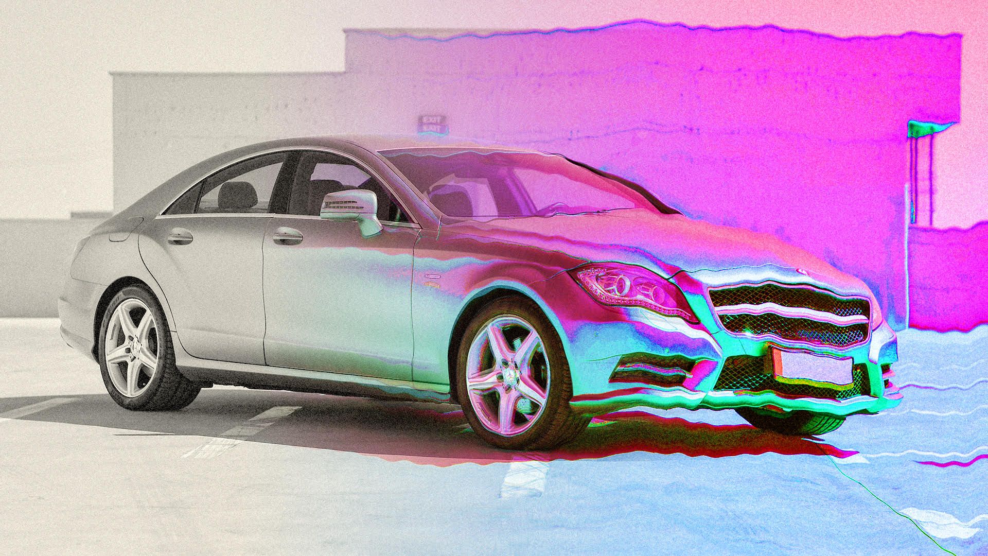 a photo of a car warping into rainbow hues suggestive of computer simulation