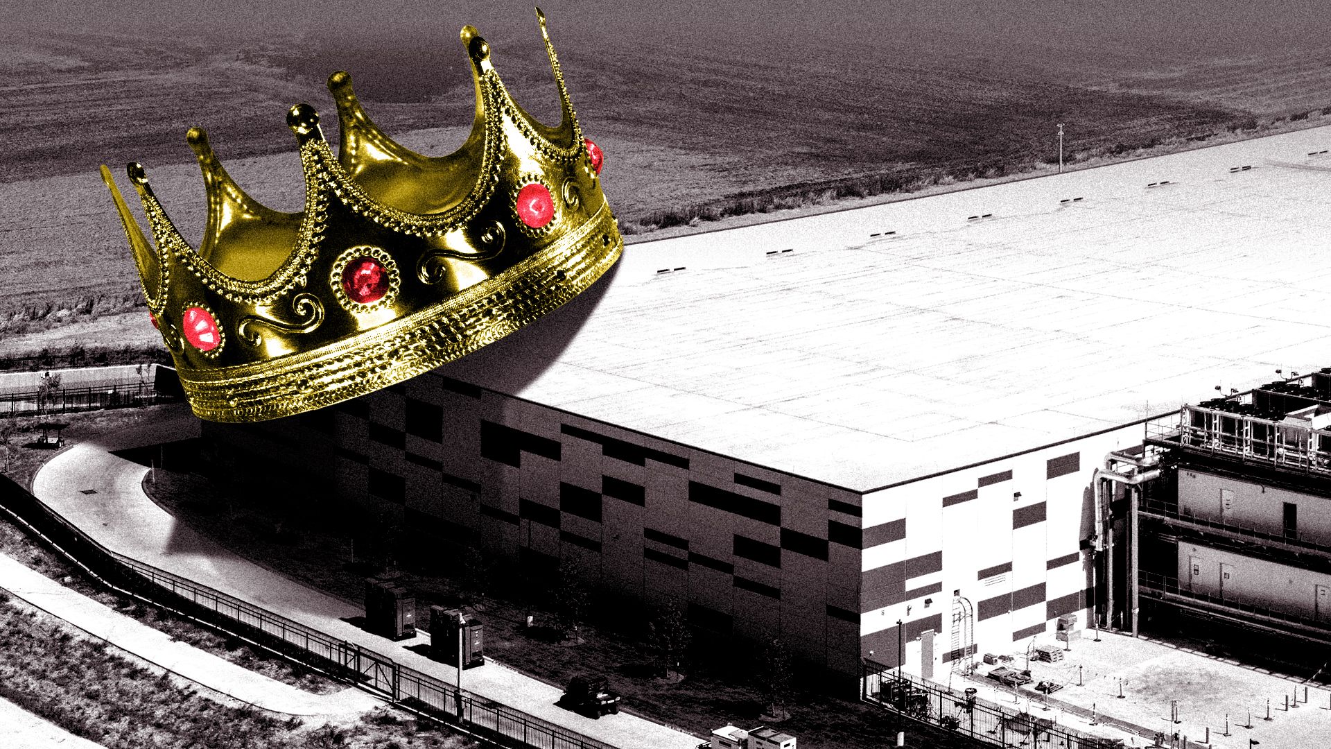Illustration of a datacenter building with a large gold crown with red jewels hanging on one corner of the roof.