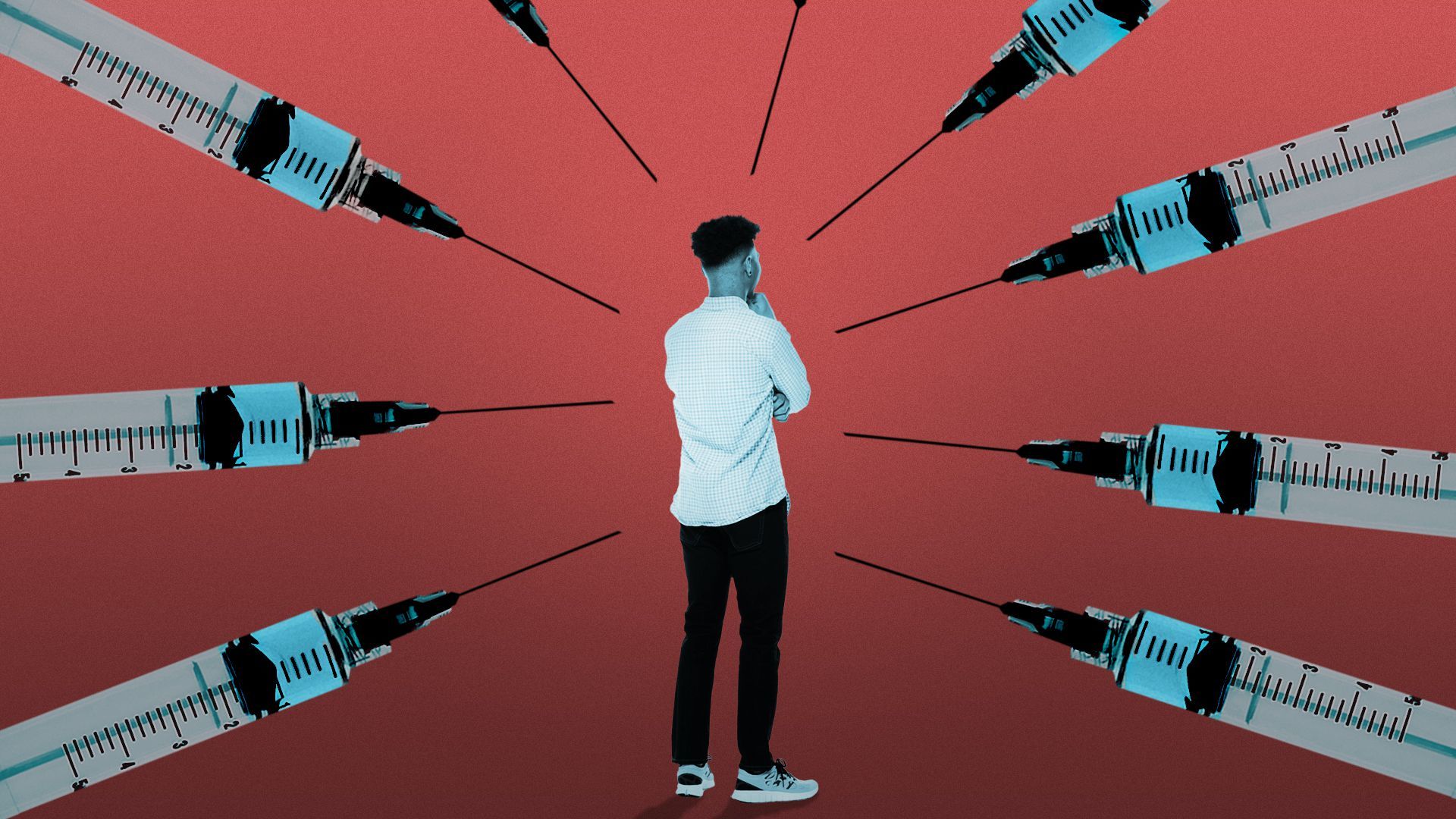 Illustration of larger-than-life syringes pointing to a person.