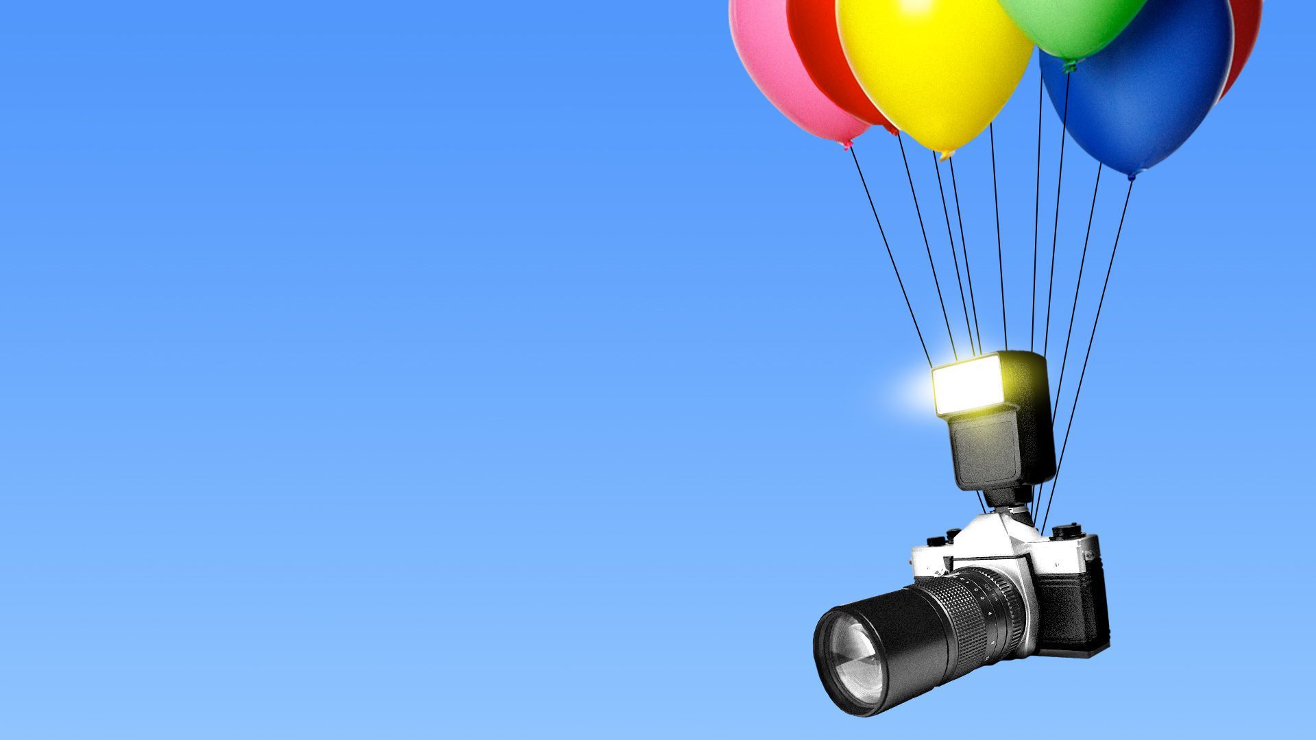 Illustration of a bunch of balloons carrying a camera with a zoom lens and a flash.