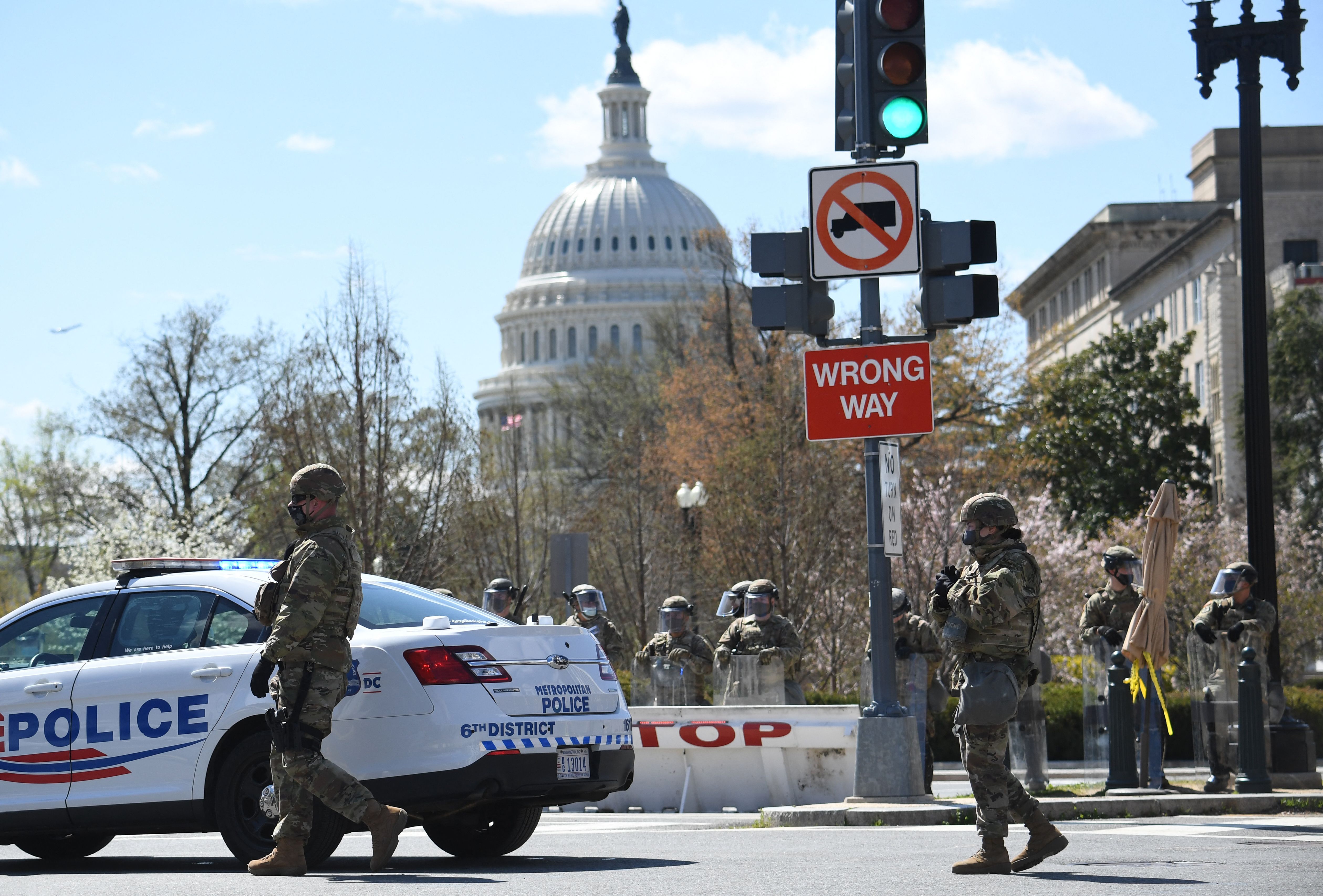 Members of the National Guard walking near the U.S. Capitol on April 2.