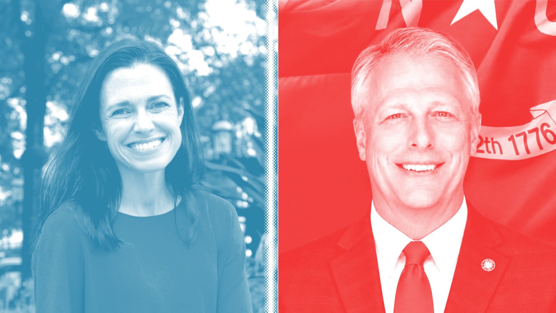 Split-screen image: left blue-tinted photo of a smiling woman outdoors; right red-tinted photo of a smiling man in a suit with a flag in the background.