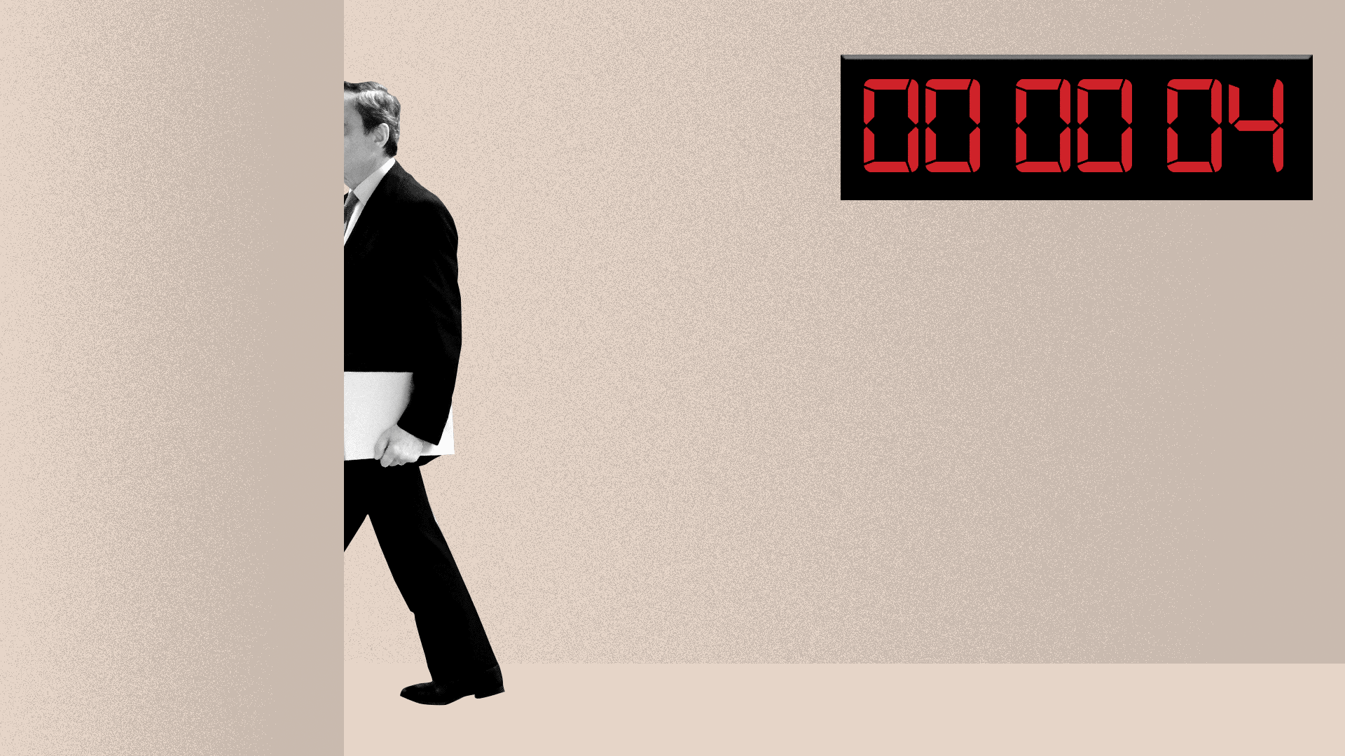 Illustration of Mario Draghi leaving a room with a countdown clock flashing 00:00:00.