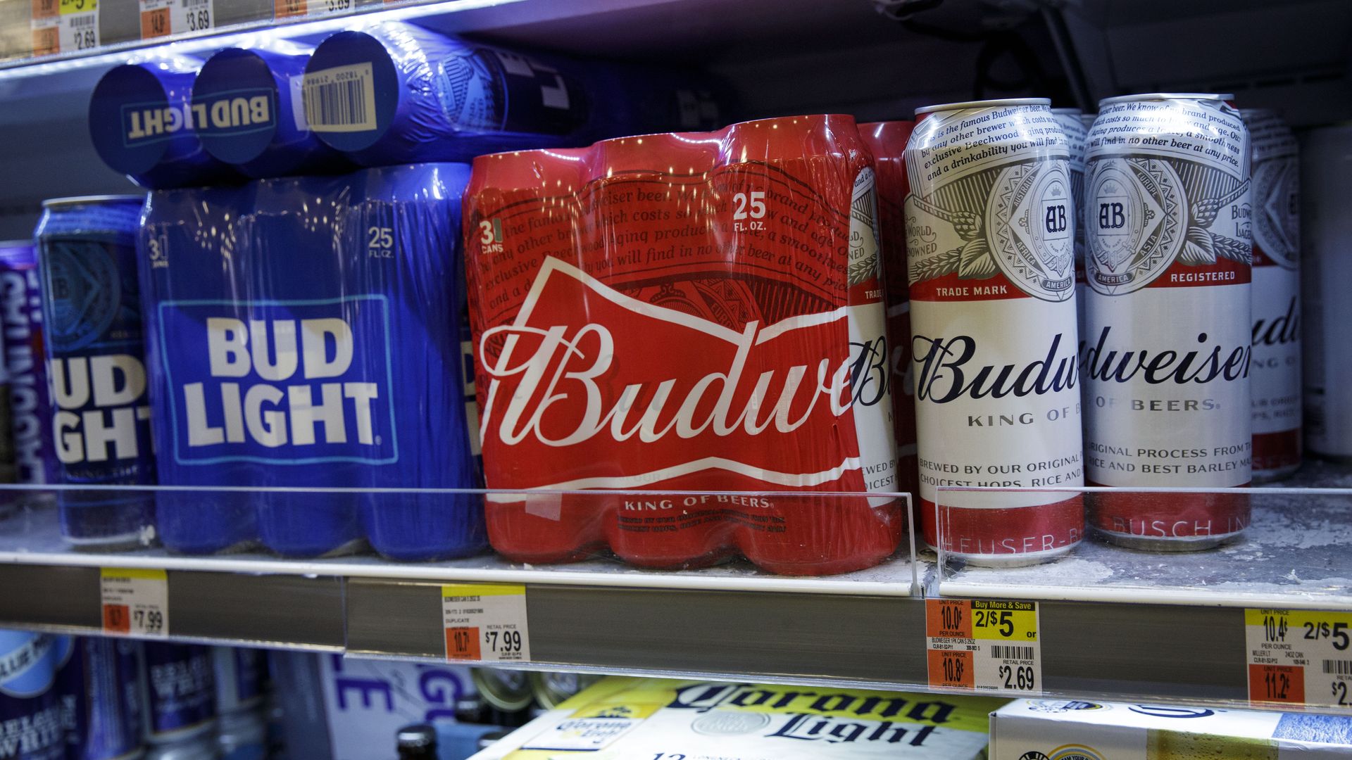cans of tall boy beer Bud Light, Budweiser and miller