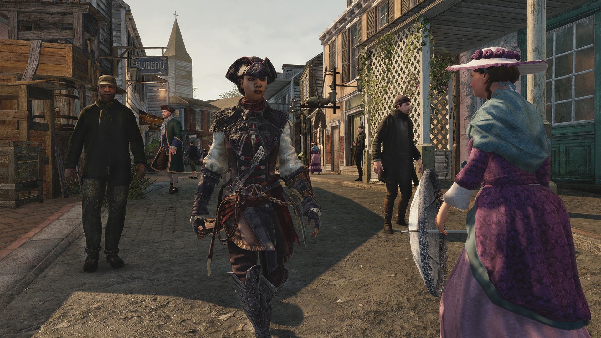 Video game screenshot of a woman walking down a street in 18th century New Orleans