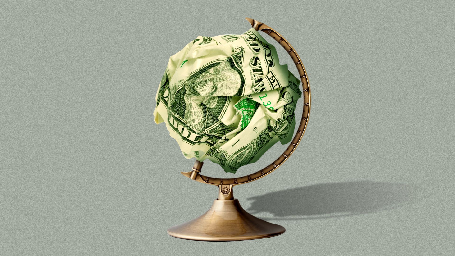Illustration of a crumpled up dollar bill as a globe. 