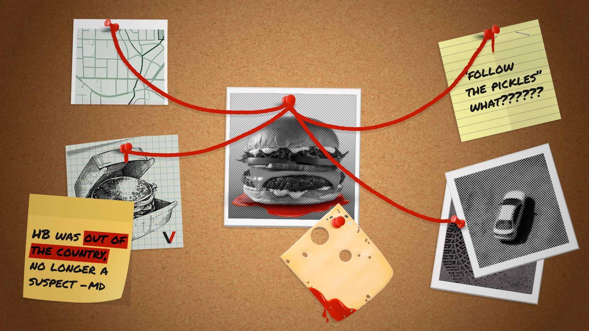 Illustration of a cork investigation board with different photos, notes and a slice of cheese related to the burger mystery. 