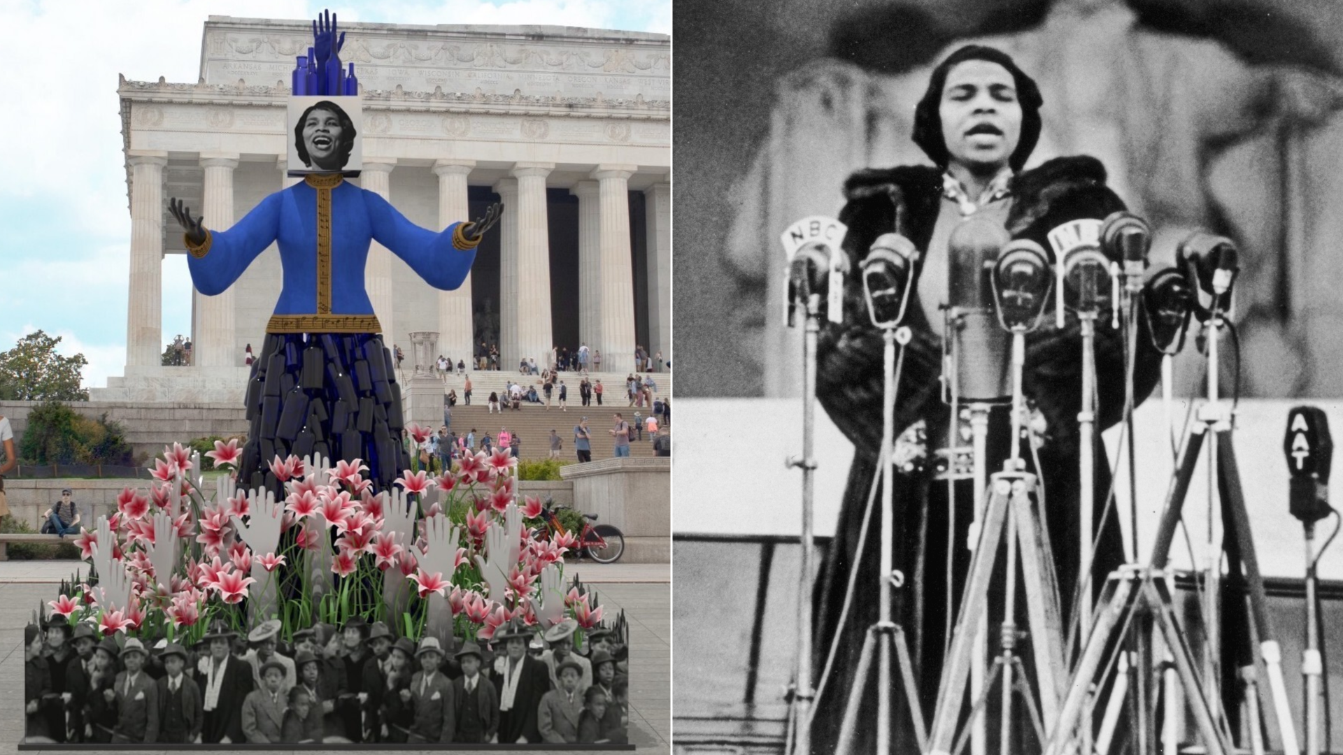 A statue of Black opera star Marian Anderson at the Lincoln Memorial (left) and Marian Anderson's 1939 performance at the Lincoln Memorial (right)