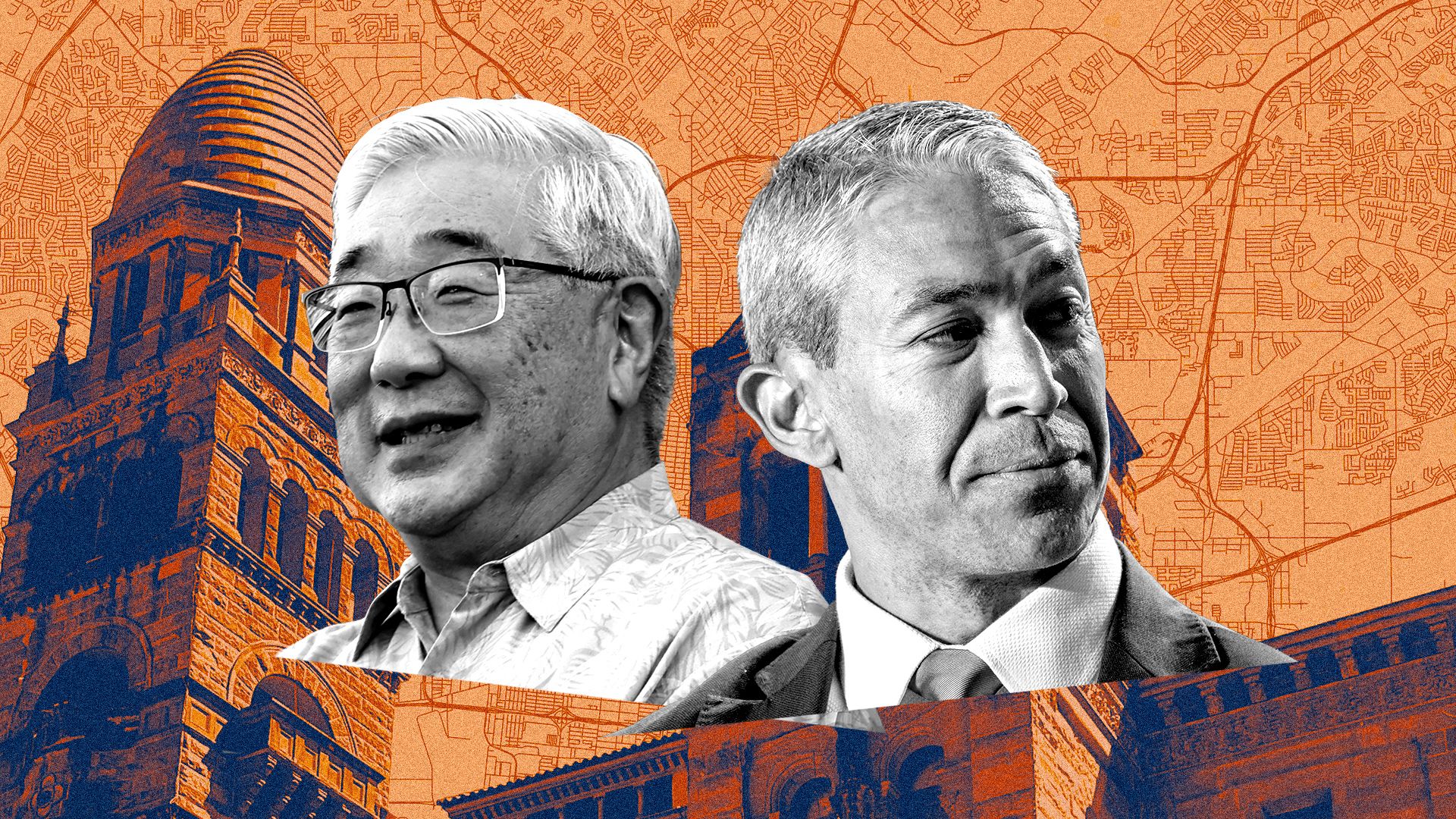 Photo illustration of a collage featuring Peter Sakai and Ron Nirenberg, the Bexar County Courthouse, and a map of the San Antonio area.