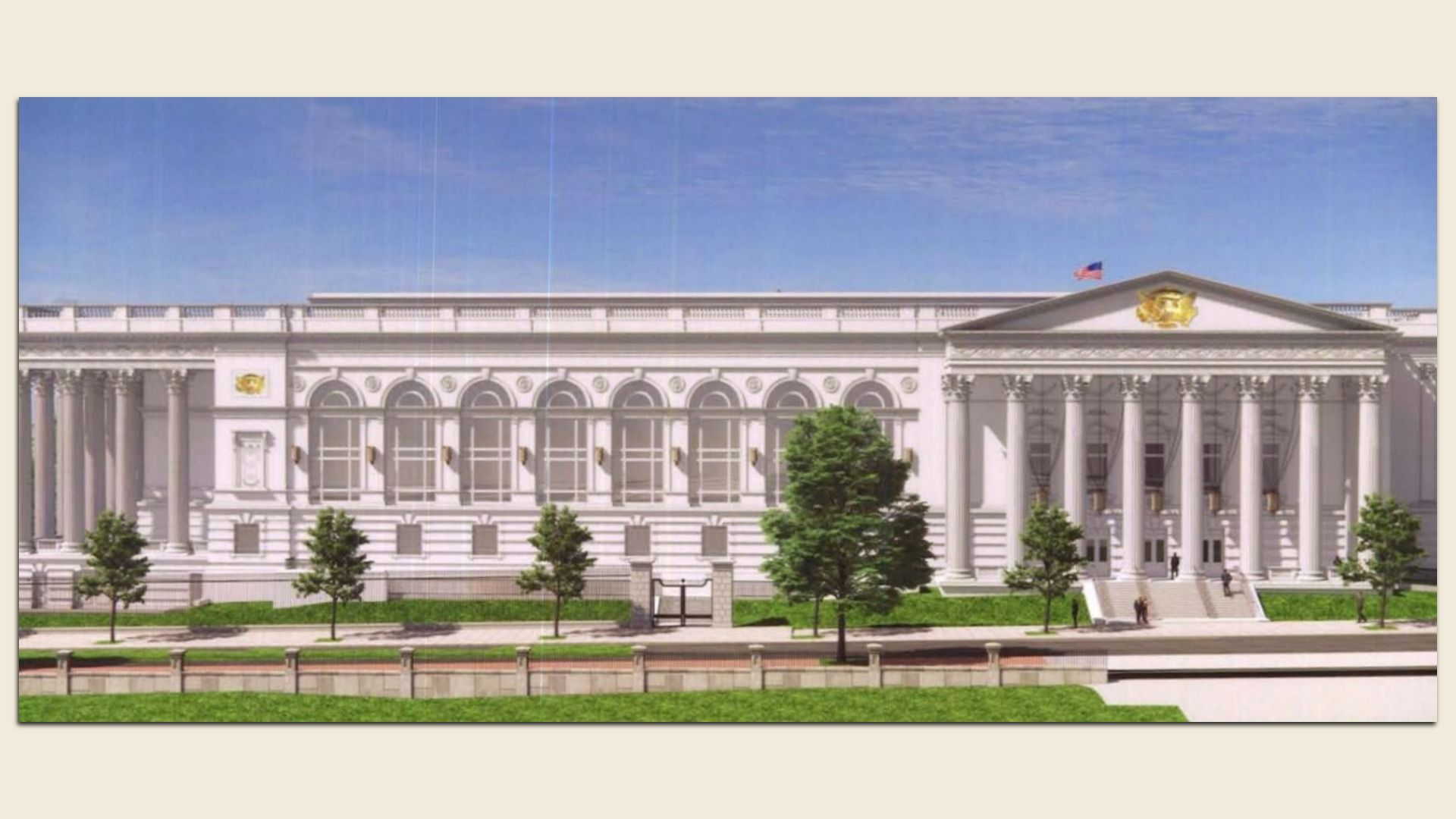 The White House East Wing addition with a columned facade, arched windows, a triangular pediment with a gold emblem, American flag on the roof, and green trees in front under a blue sky.