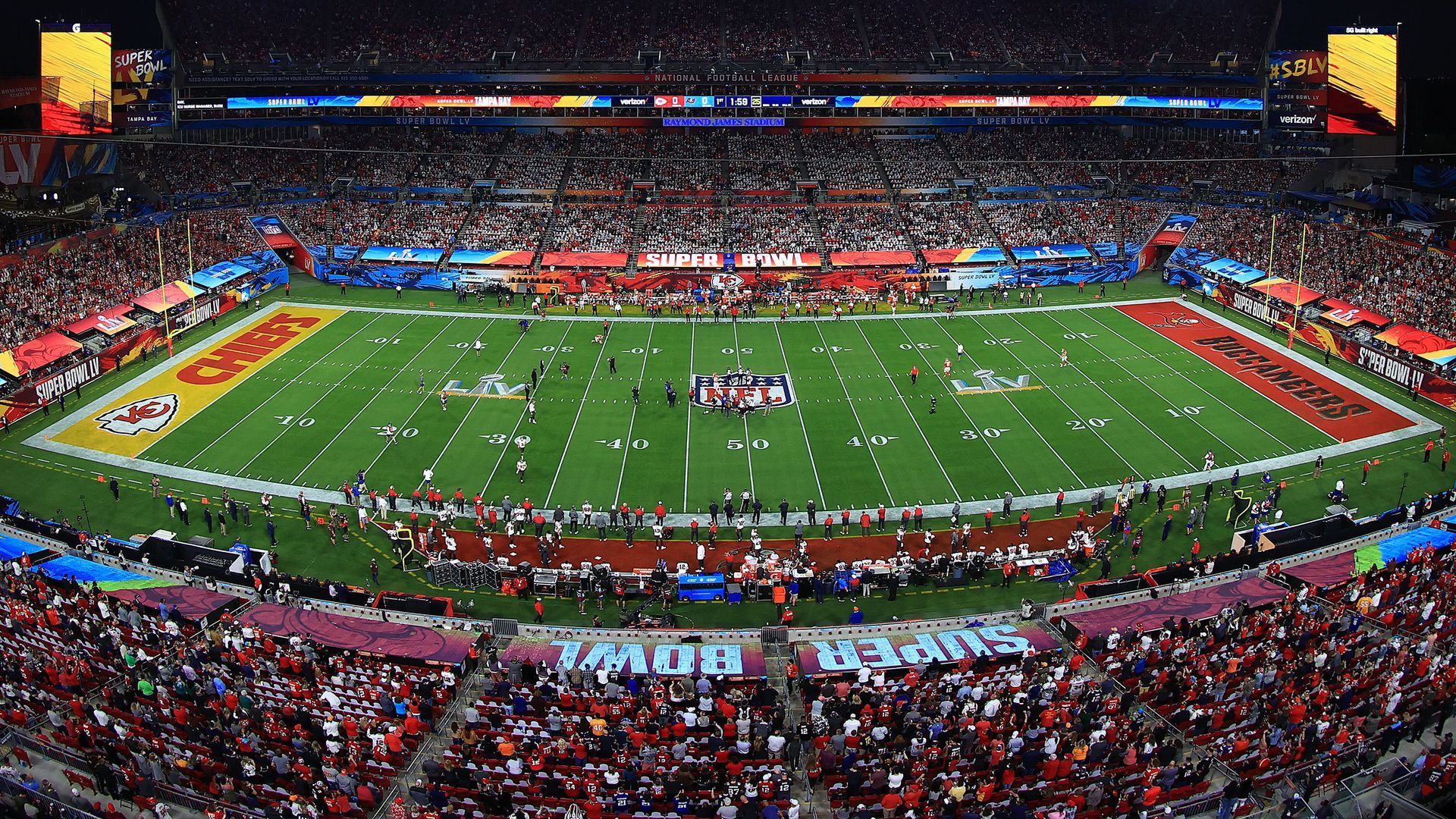 A general view of the stadium as the coin is flipped before Super Bowl LV between the Tampa Bay Buccaneers and the Kansas City Chiefs at Raymond James Stadium.