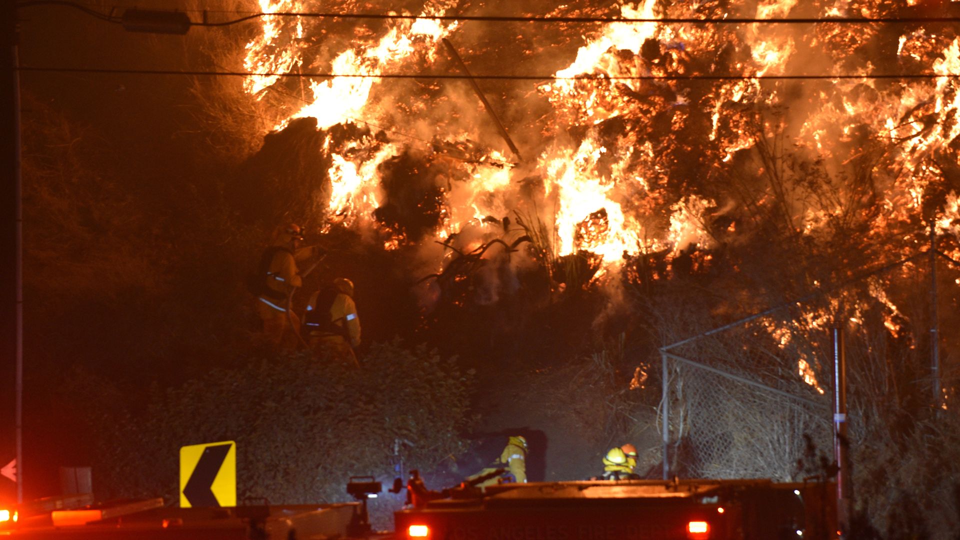 Fire blazes in Los Angeles, California.