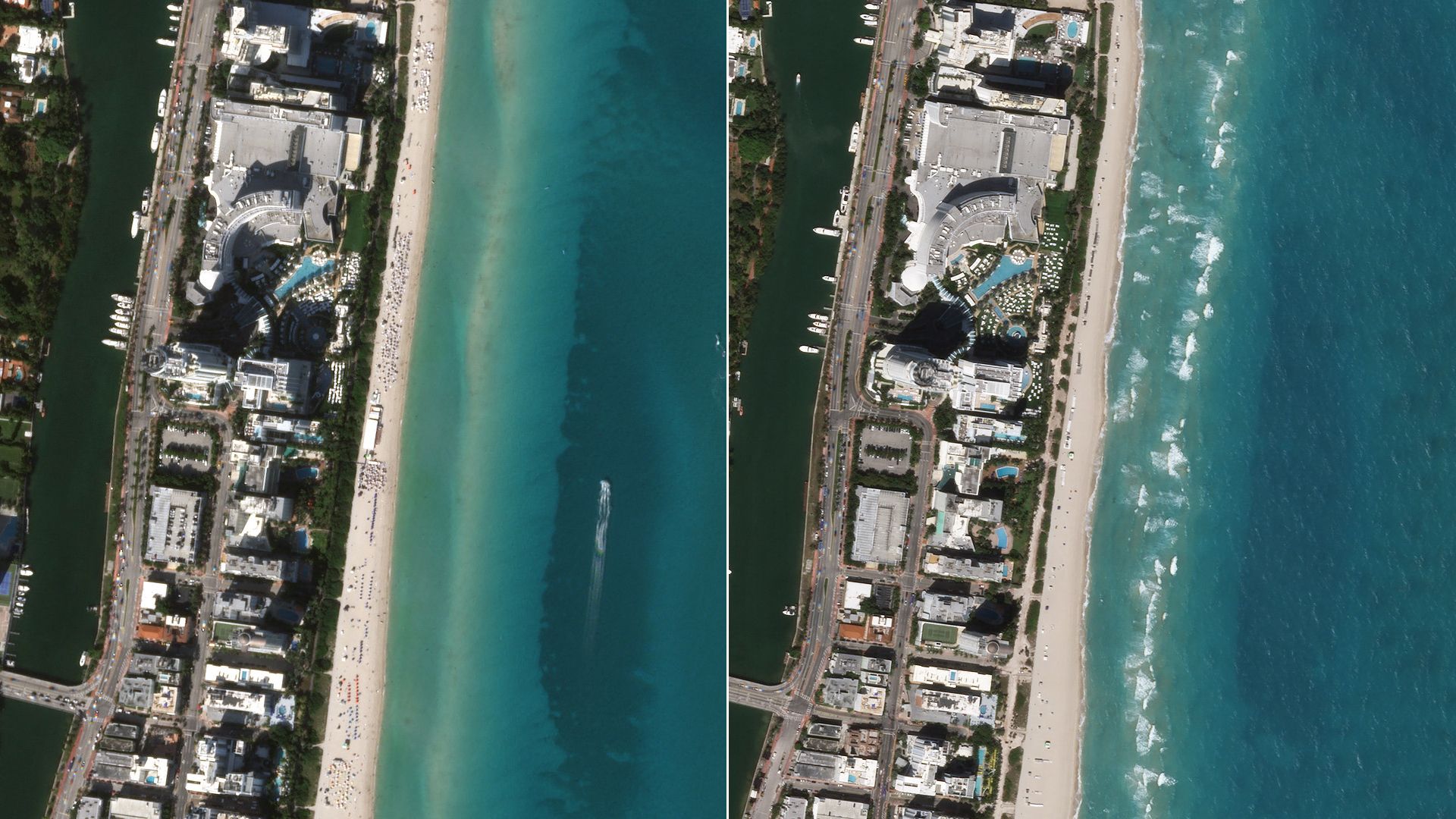 A before and after of Miami Beach showing the effects of the coronavirus.