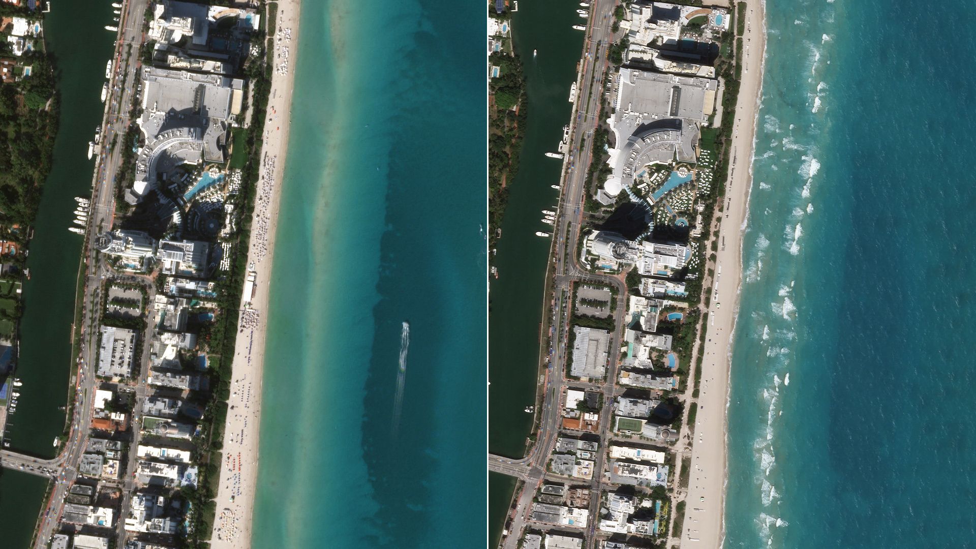 Um antes e depois de Miami Beach mostrando os efeitos do coronavírus.