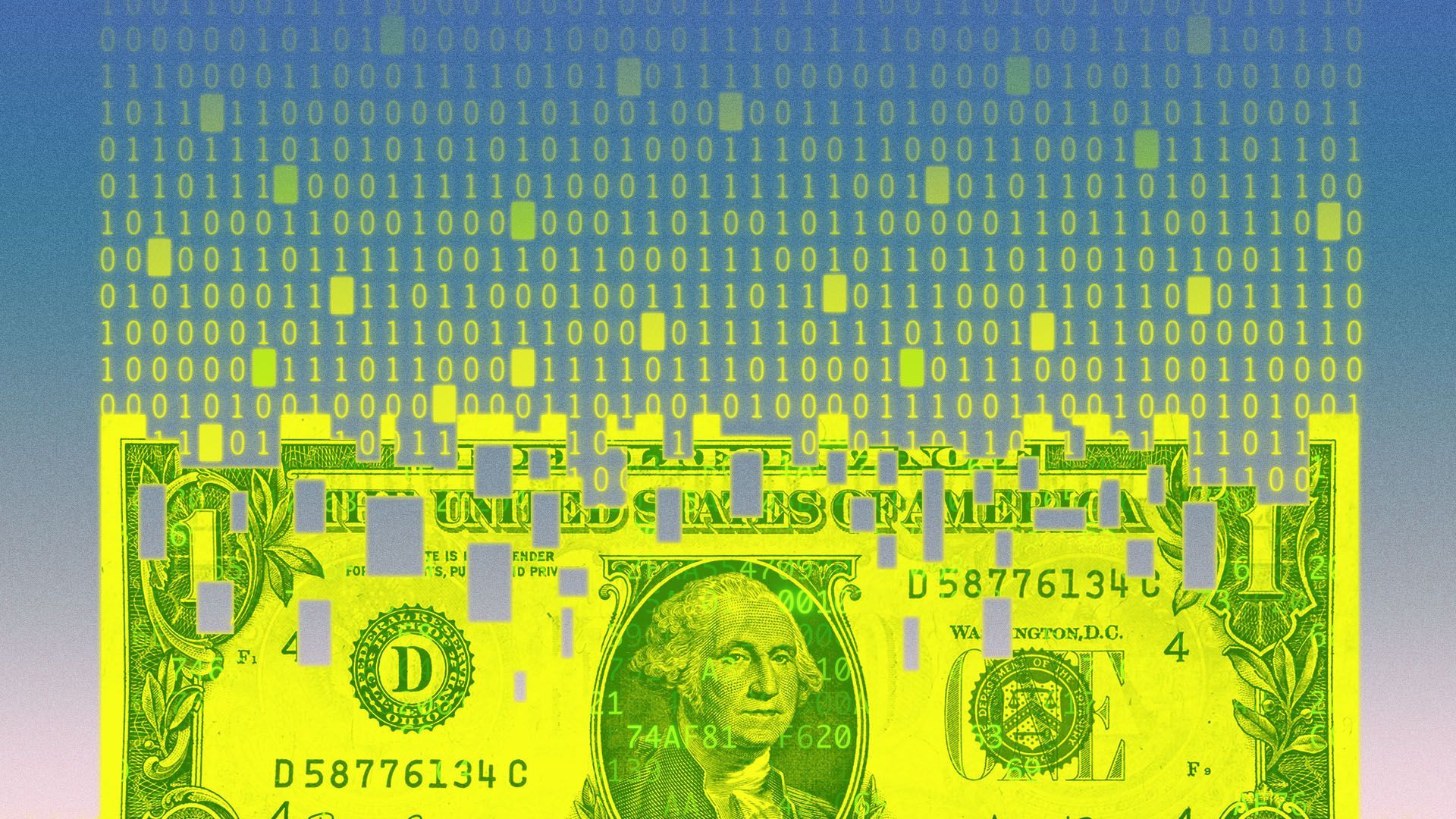 Illustration of a dollar bill being broken up into binary code