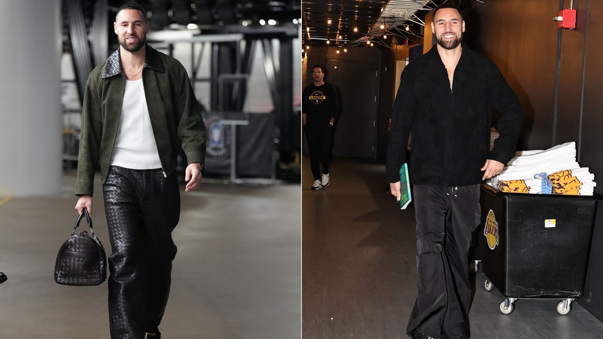 Klay Thompson wears a green jacket, white shirt, black textured pants. On the right, he wears a black jacket and black pants.