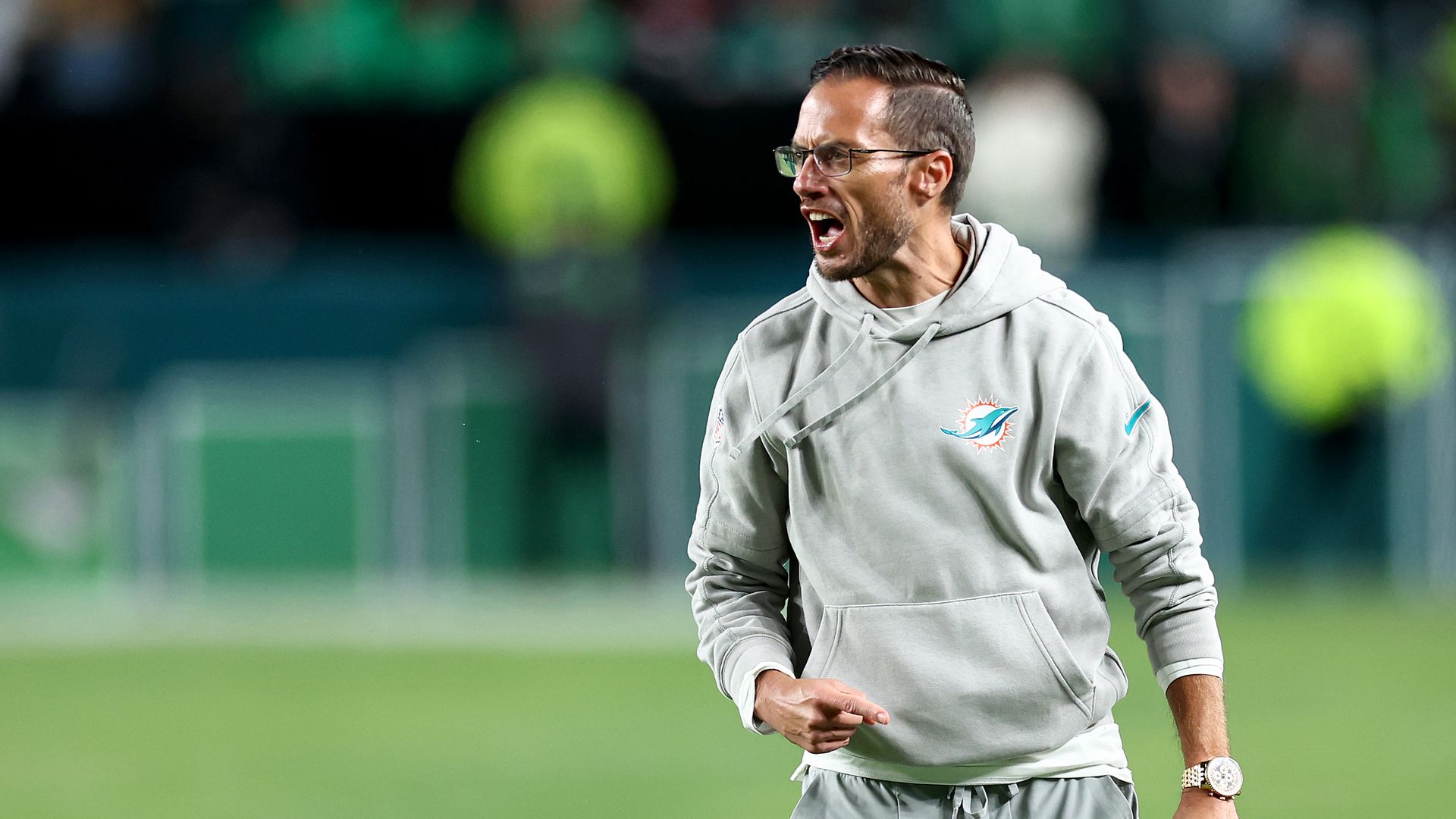 Head coach Mike McDaniel of the Miami Dolphins shows frustration