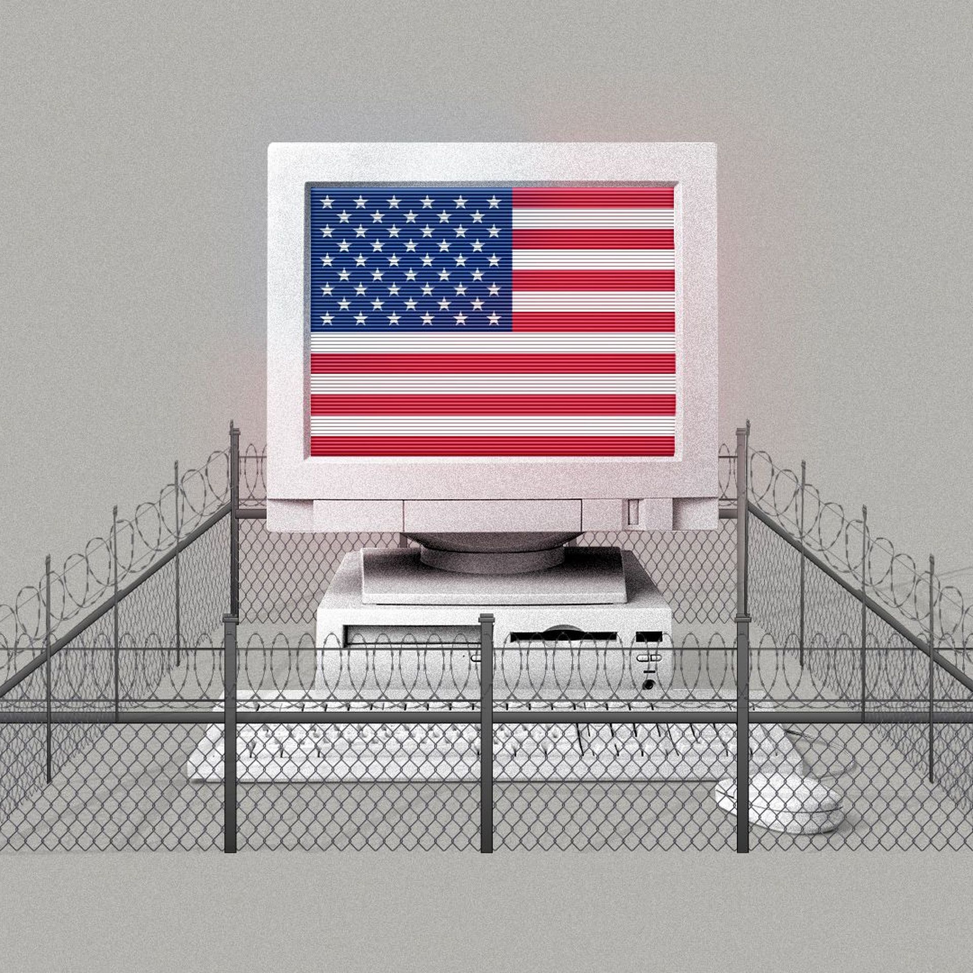 Illustration of a computer with an American flag on the screen surrounded by barbed wire. 