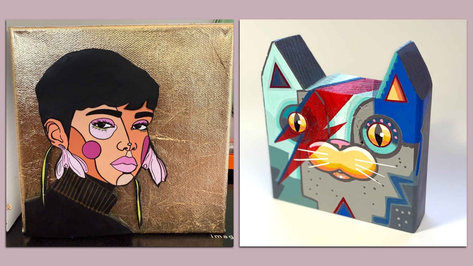 Two colorful artworks side by side: left shows a stylized portrait of a person with dark hair, pink cheeks, and feather earrings on a golden textured background; right is a geometric cat face sculpture.