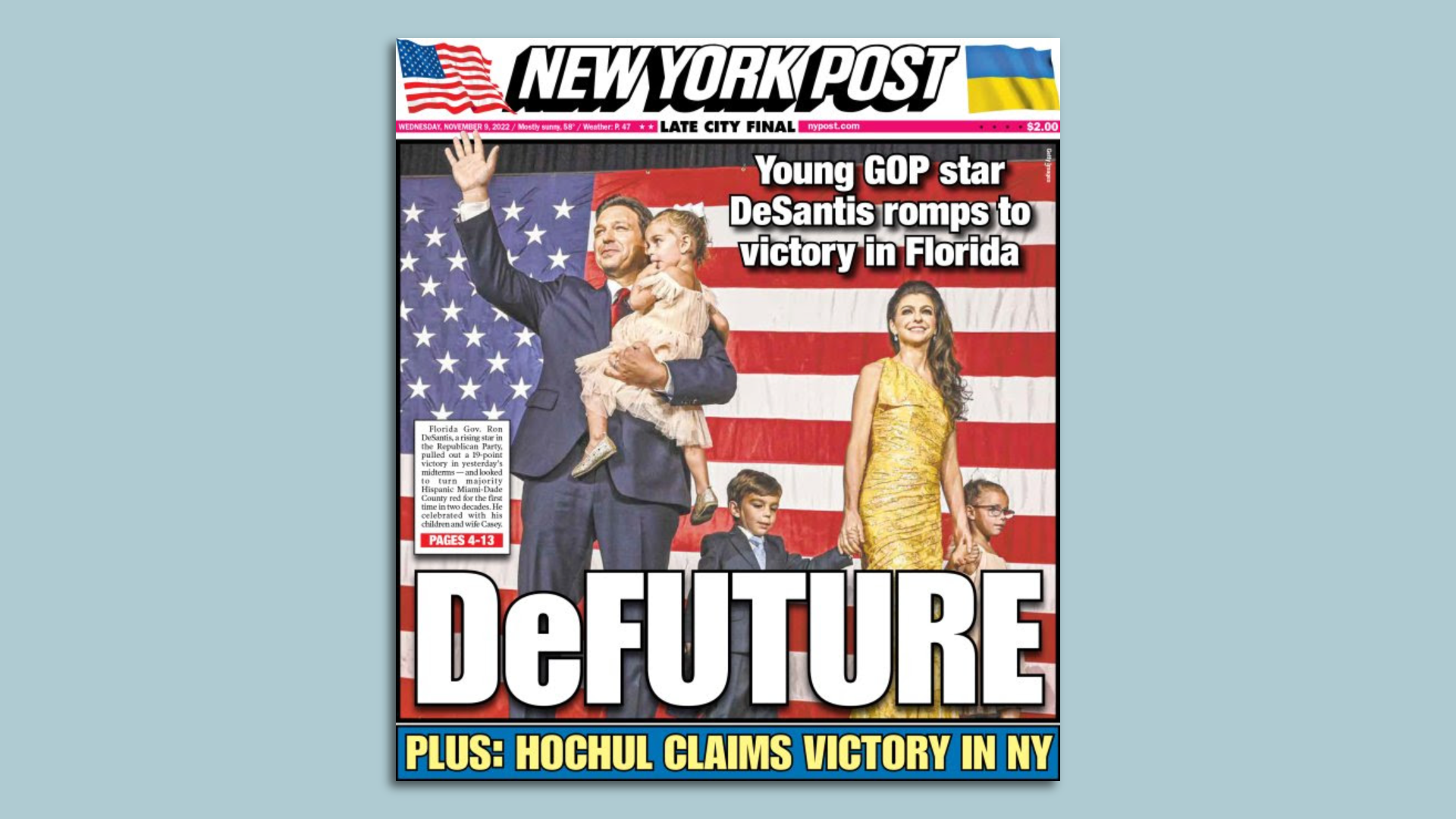 The cover of the New York Post that reads: "DeFuture."