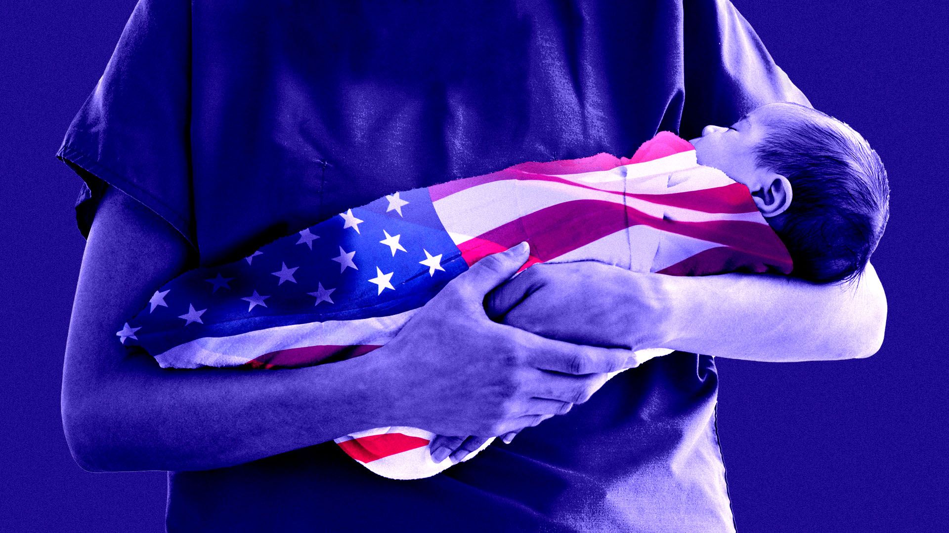 Illustration of a woman holding a baby wrapped in an American flag