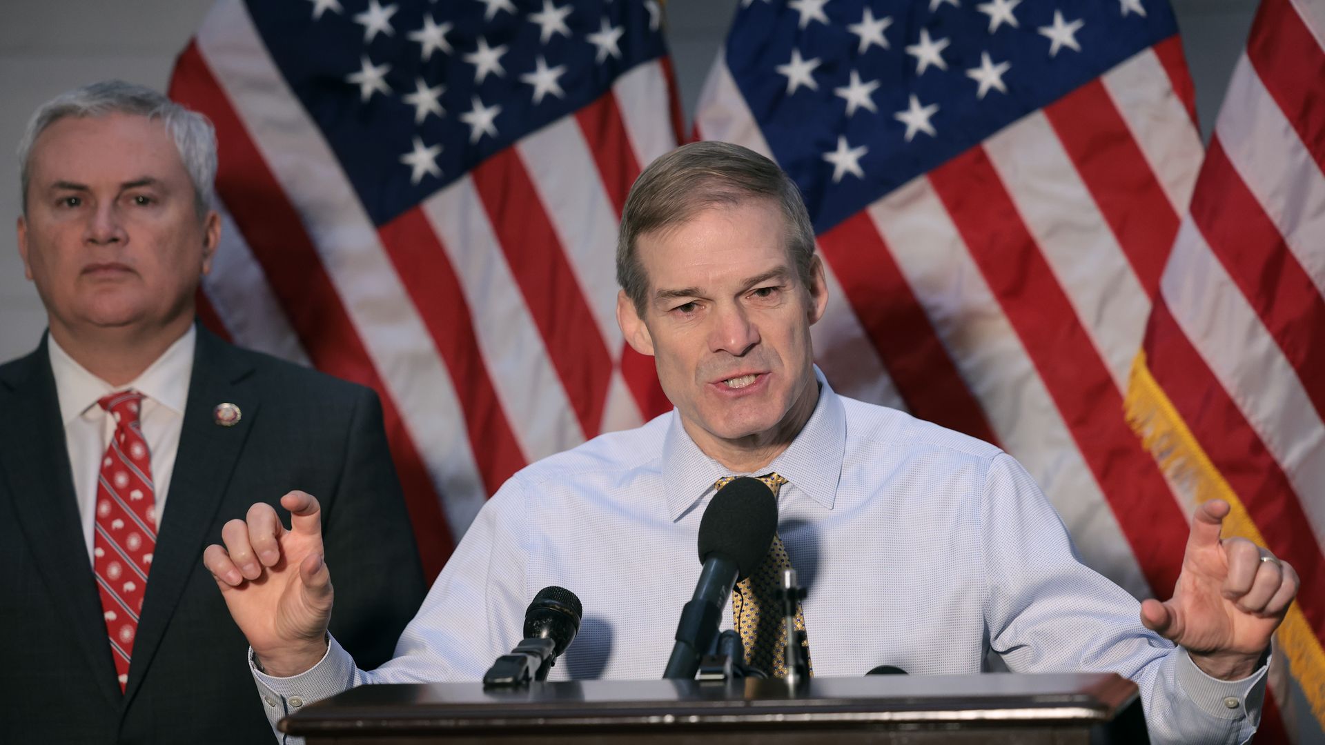House Judiciary Committee Chairman Jim Jordan (R-OH) (R) and House Oversight Committee Chairman James Comer (R-KY) hold a news conference in the Longworth House Office Building on Capitol Hill on December 5, 2023 in Washington, DC. 