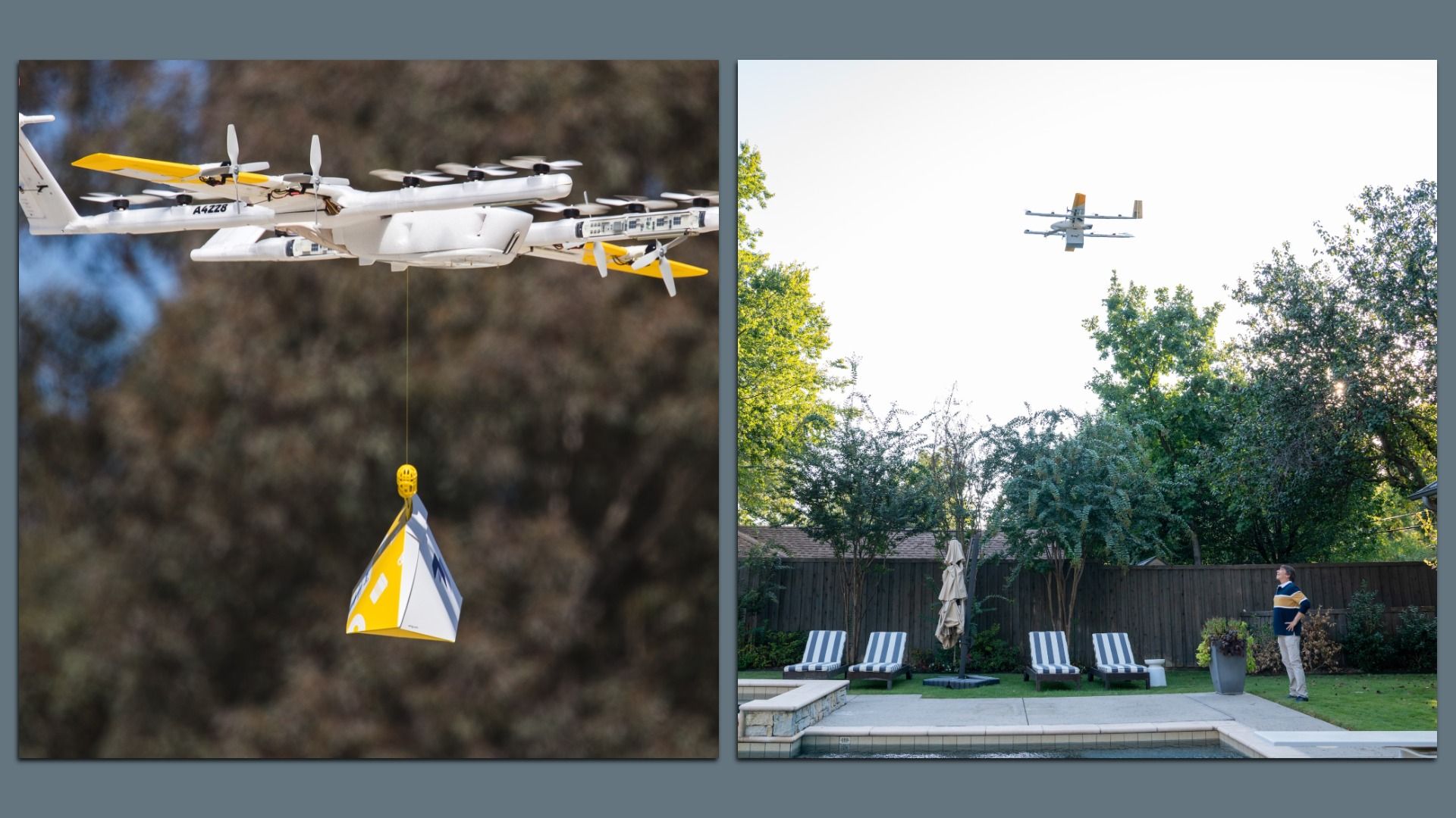 Two-panel scene: left shows a large white multi-rotor drone with yellow-tipped props carrying a yellow-and-white package; right shows a smaller quadcopter over a backyard with trees, a pool, and a man watching.
