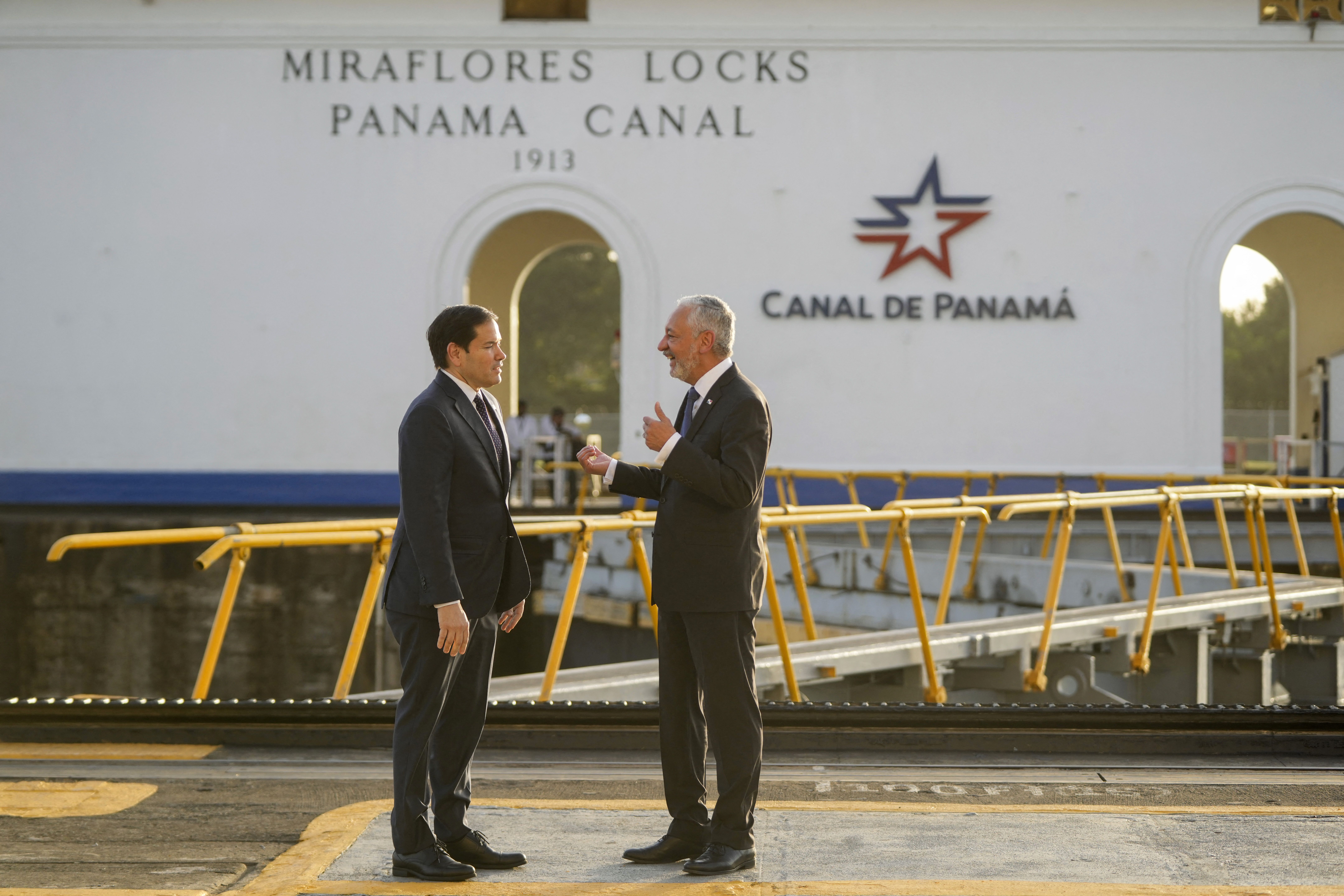 Secretary of State Marco Rubio talks to Panama Canal Authority administrator Ricaurte Vasquez during a tour at the Miraflores locks in Panama City yesterday.