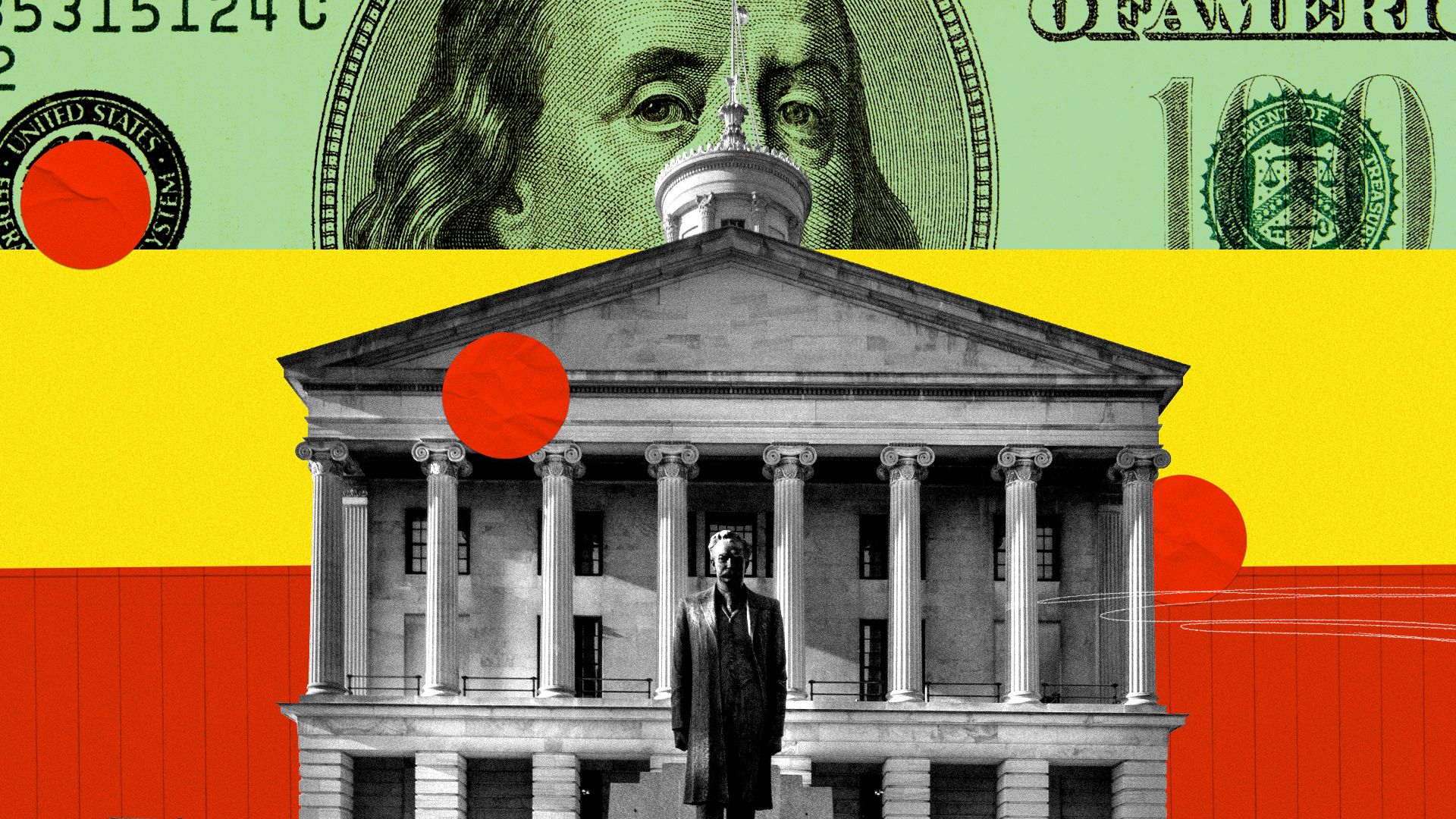 PIllustration of the Nashville State Capitol building, money, lined paper, and circular stickers.