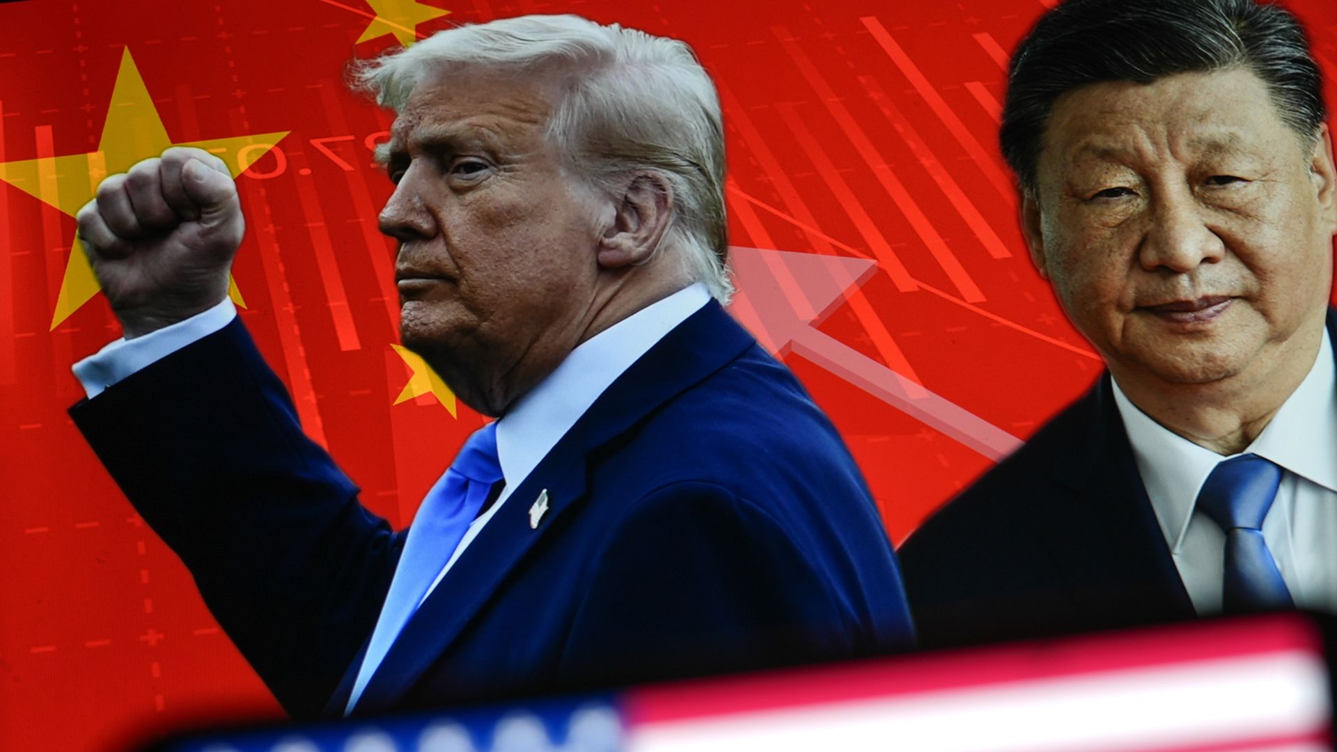 In this photo illustration portraits of US President Donald Trump and Chinese President Xi Jinping are displayed on computer screen as US flag is seen in Ankara, Turkiye on April 10, 2025. 
