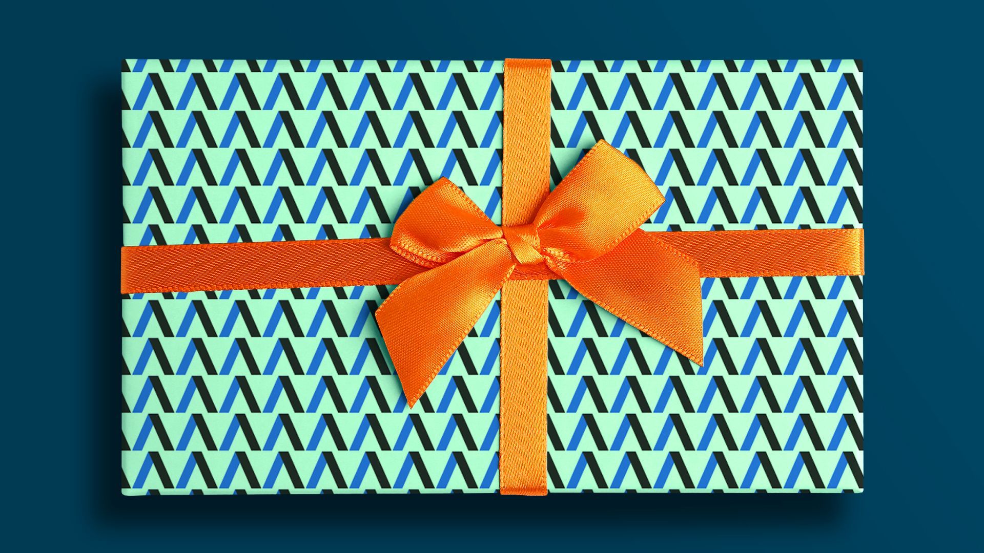 Illustration of a gift boxed covered in a repeat Axios logo pattern wrapping paper and a bright orange bow.