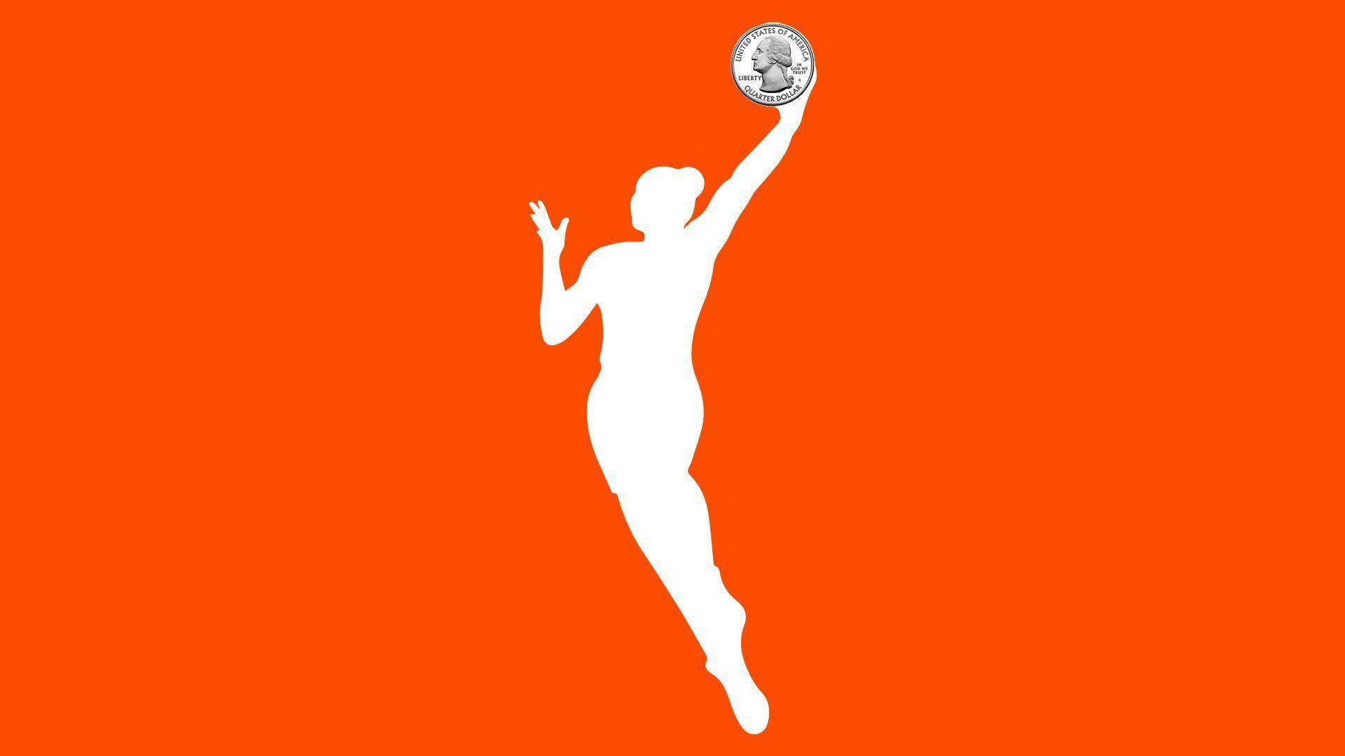 Illustration of female basketball player holding a coin like a basketball