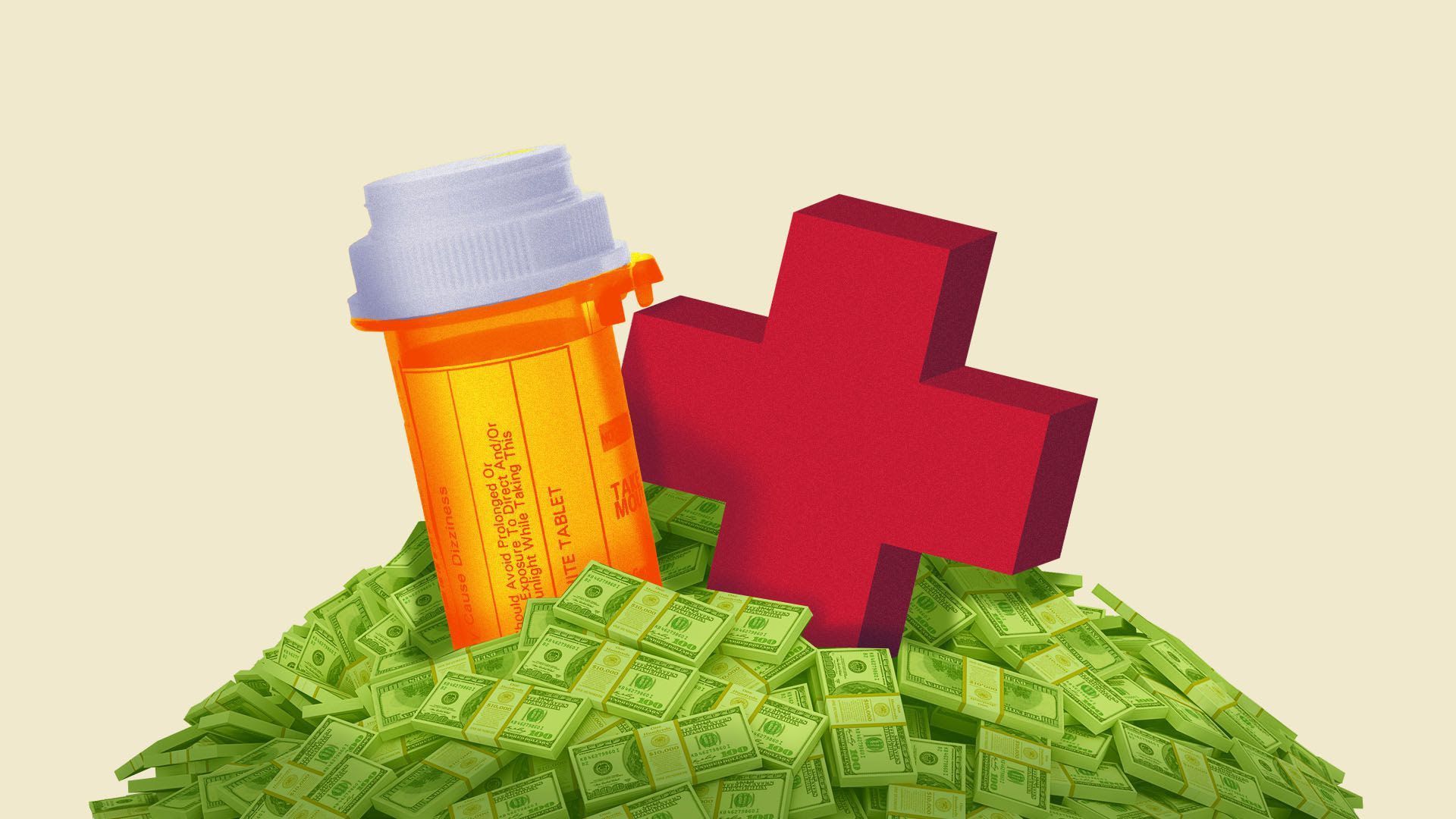 Illustration of a pill bottle, a red cross and a pile of money.