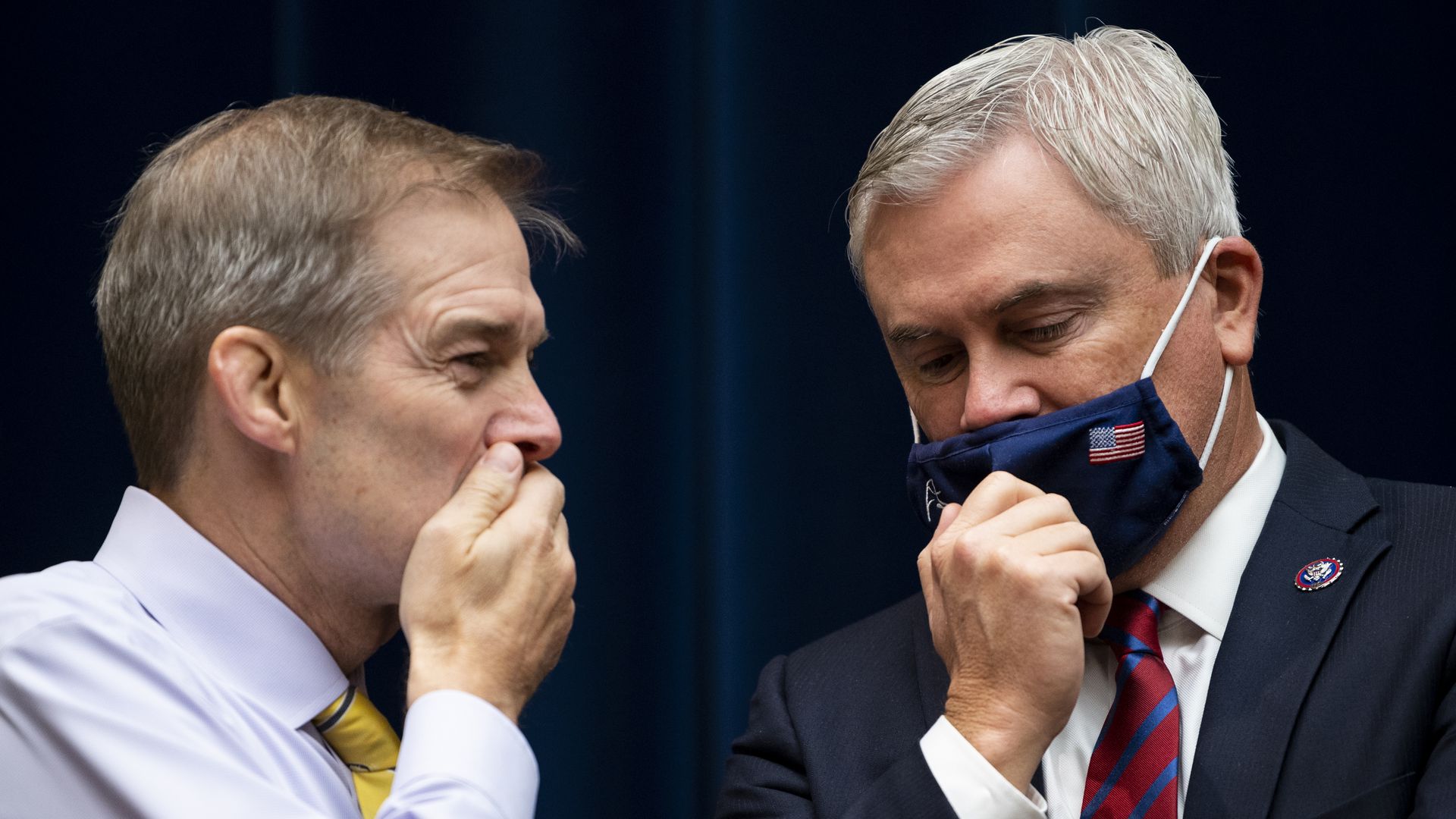 Jim Jordan, R-Ohio, left, speaks with ranking member Rep. James Comer, R-Ky., before the start of the House Oversight and Reform Committee hearing