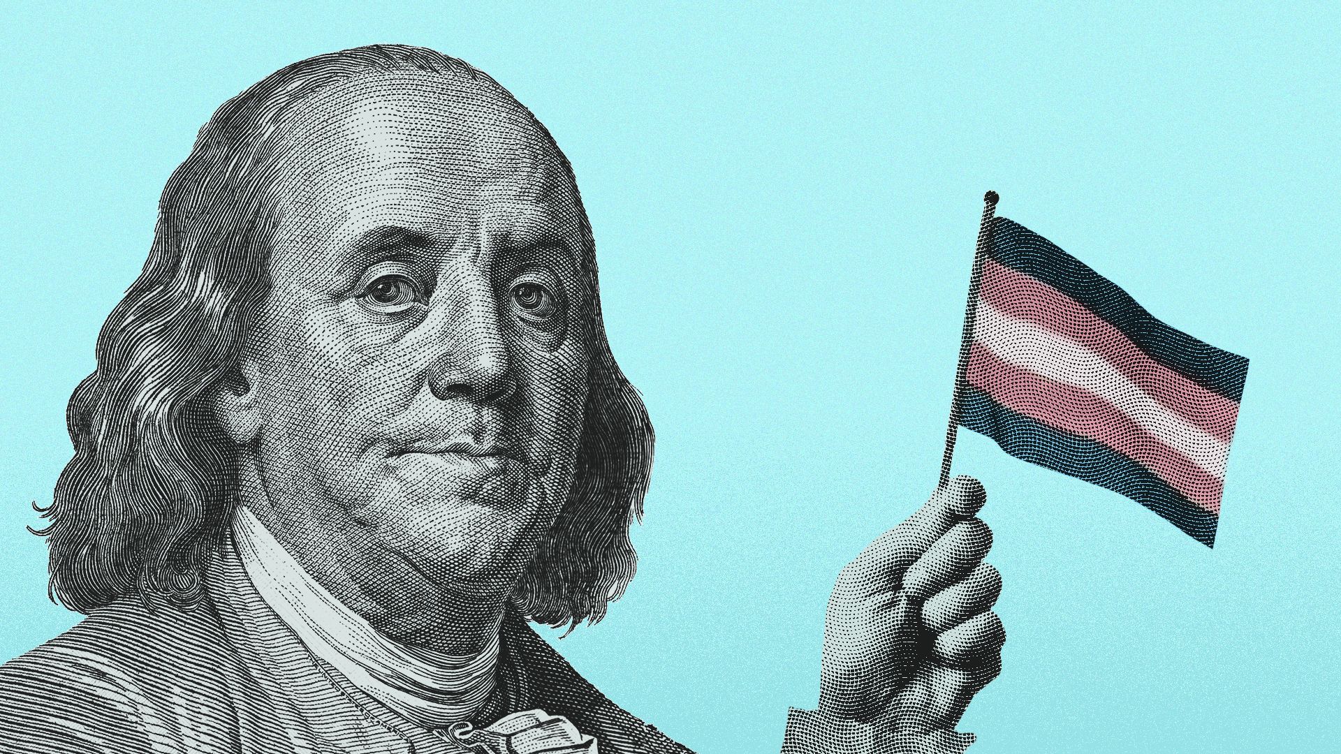 Illustration of Benjamin Franklin waving a trans flag.
