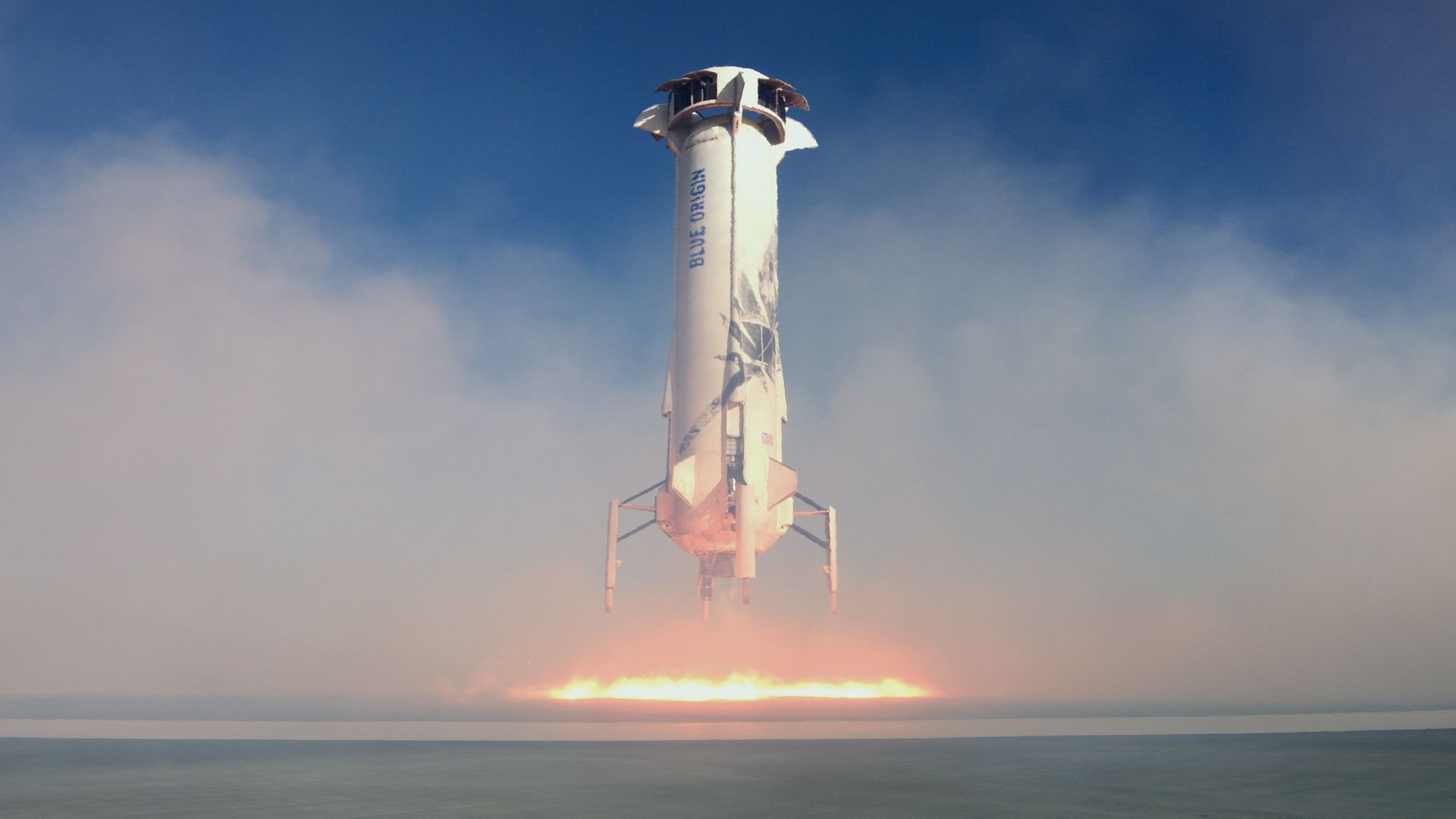 A Blue Origin rocket coming in for a landing.